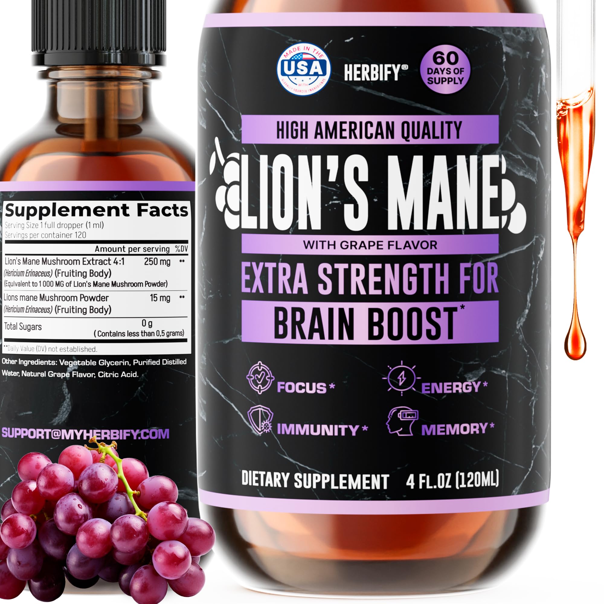 HERBIFY Lions Mane Extract botella: fácil de usar en tu rutina diaria.