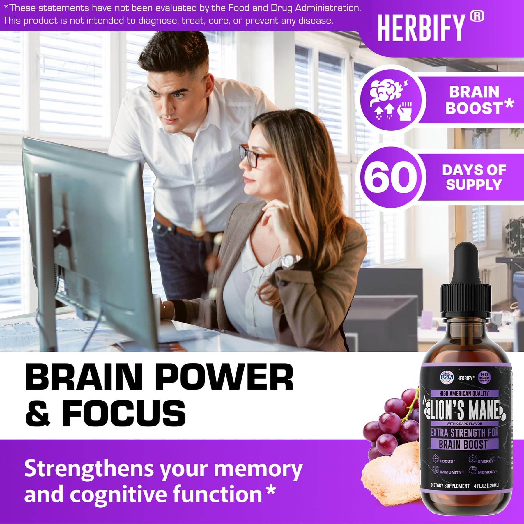HERBIFY Lions Mane Extract gotero vidrio: control preciso de dosis diaria.