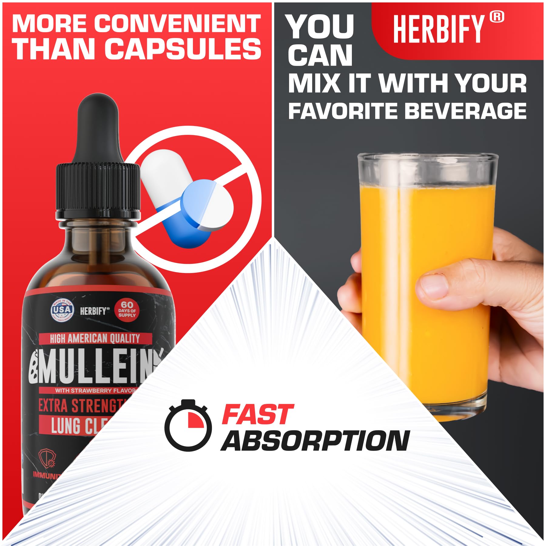 HERBIFY Mullein Drops, sabor fresa, experiencia agradable durante la toma diaria.