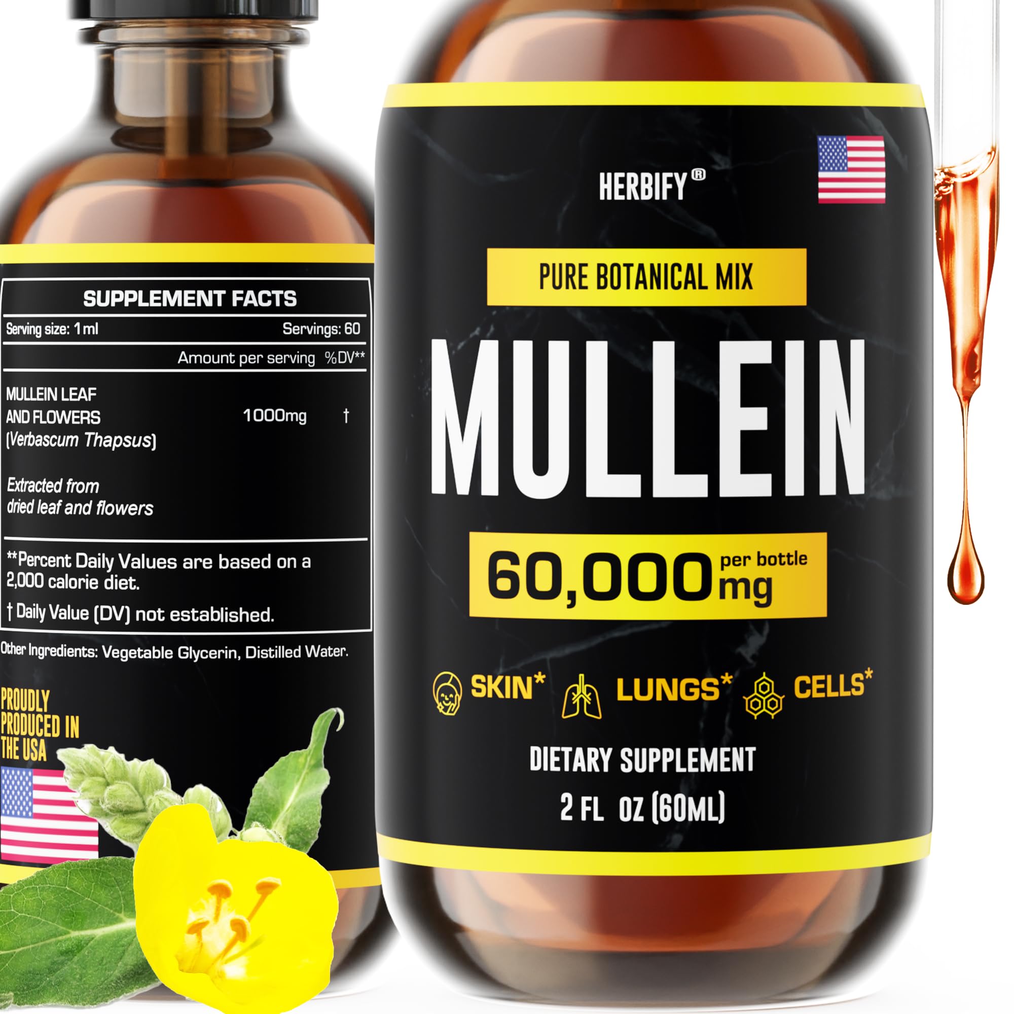 HERBIFY Mullein Extract en botella de 2 oz para apoyo respiratorio diario.