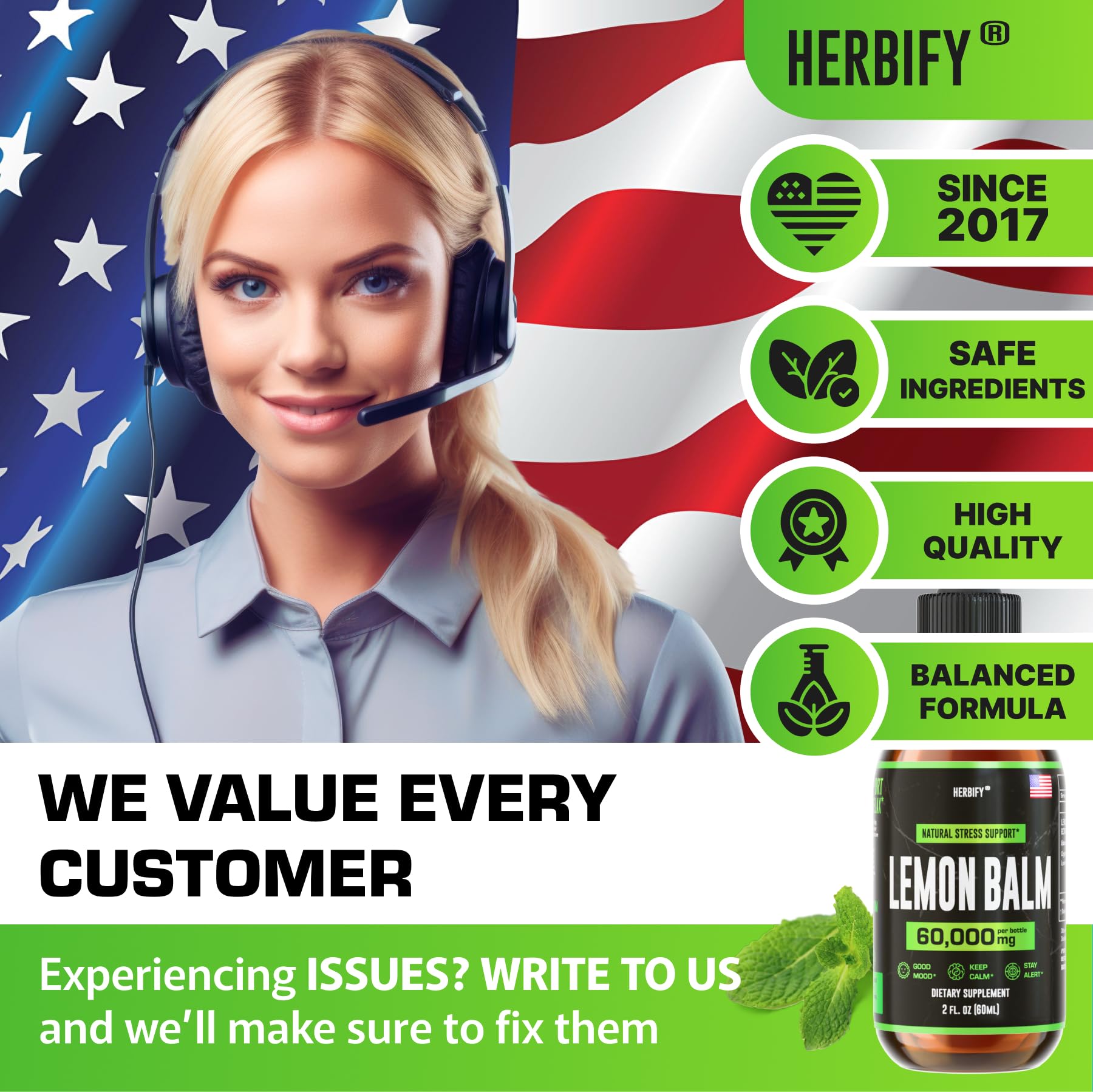 HERBIFY toronjil etiqueta estadounidense, calidad y origen confiable.