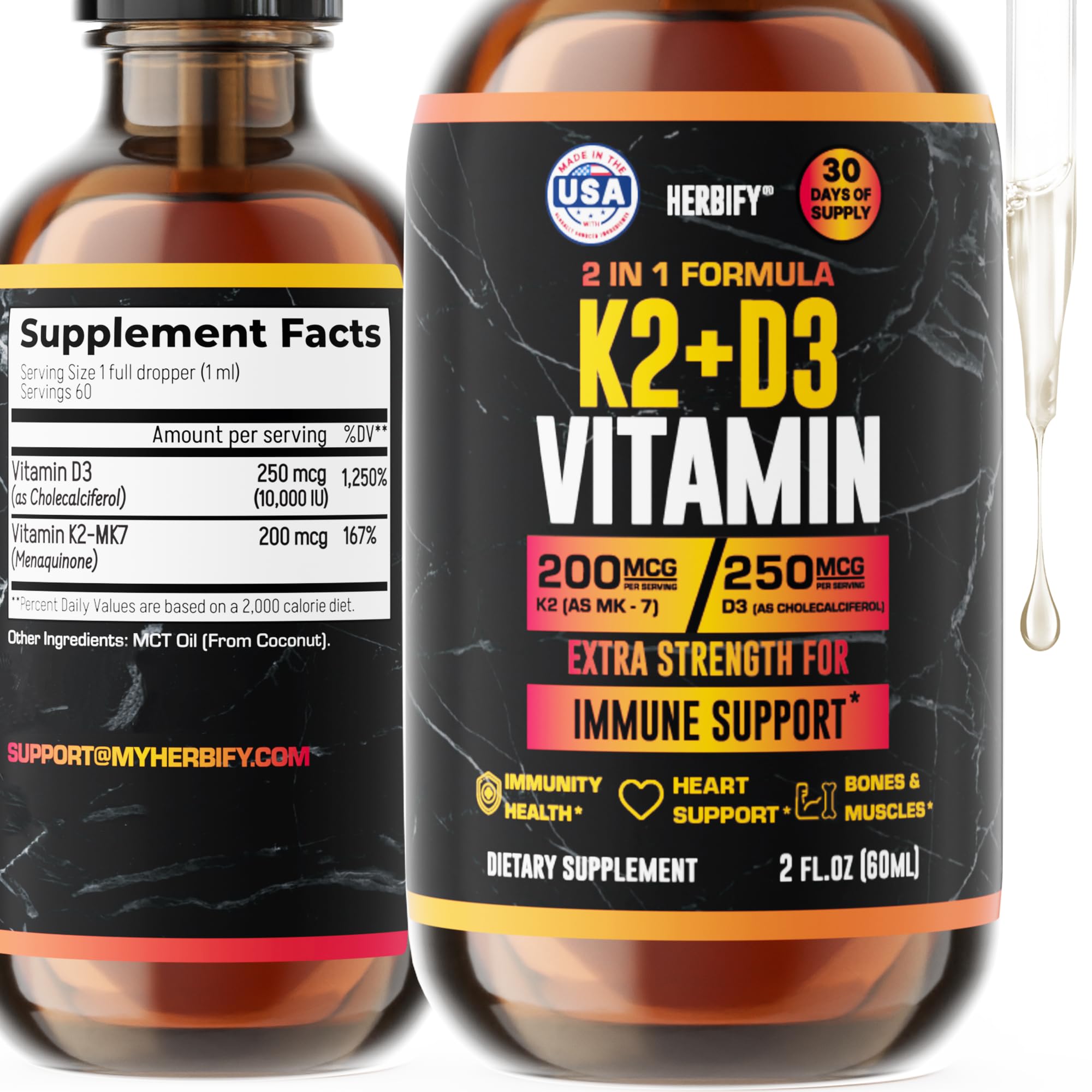 HERBIFY Gotas D3 K2, botella, apoyo a la salud ósea y dental.