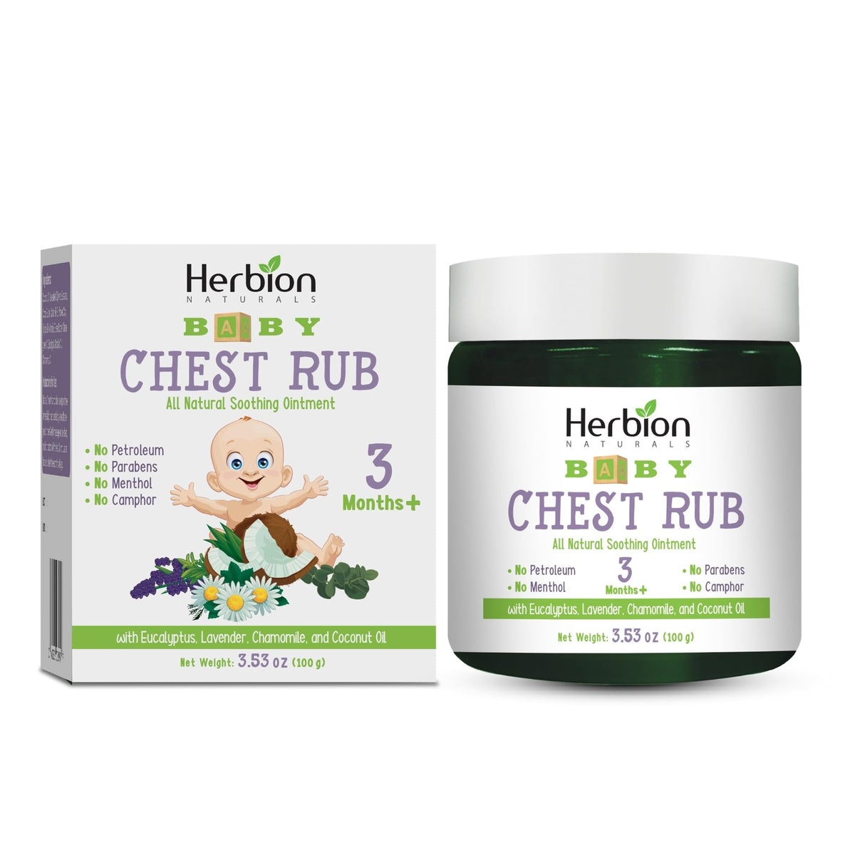 HERBION Naturals Baby Chest Rub, empaque frontal, ideal para bebés desde 3 meses.