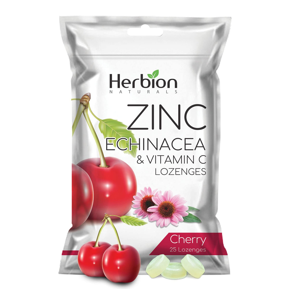 Envase de HERBION Naturals con zinc, echinacea y vitamina C en sabor cereza.