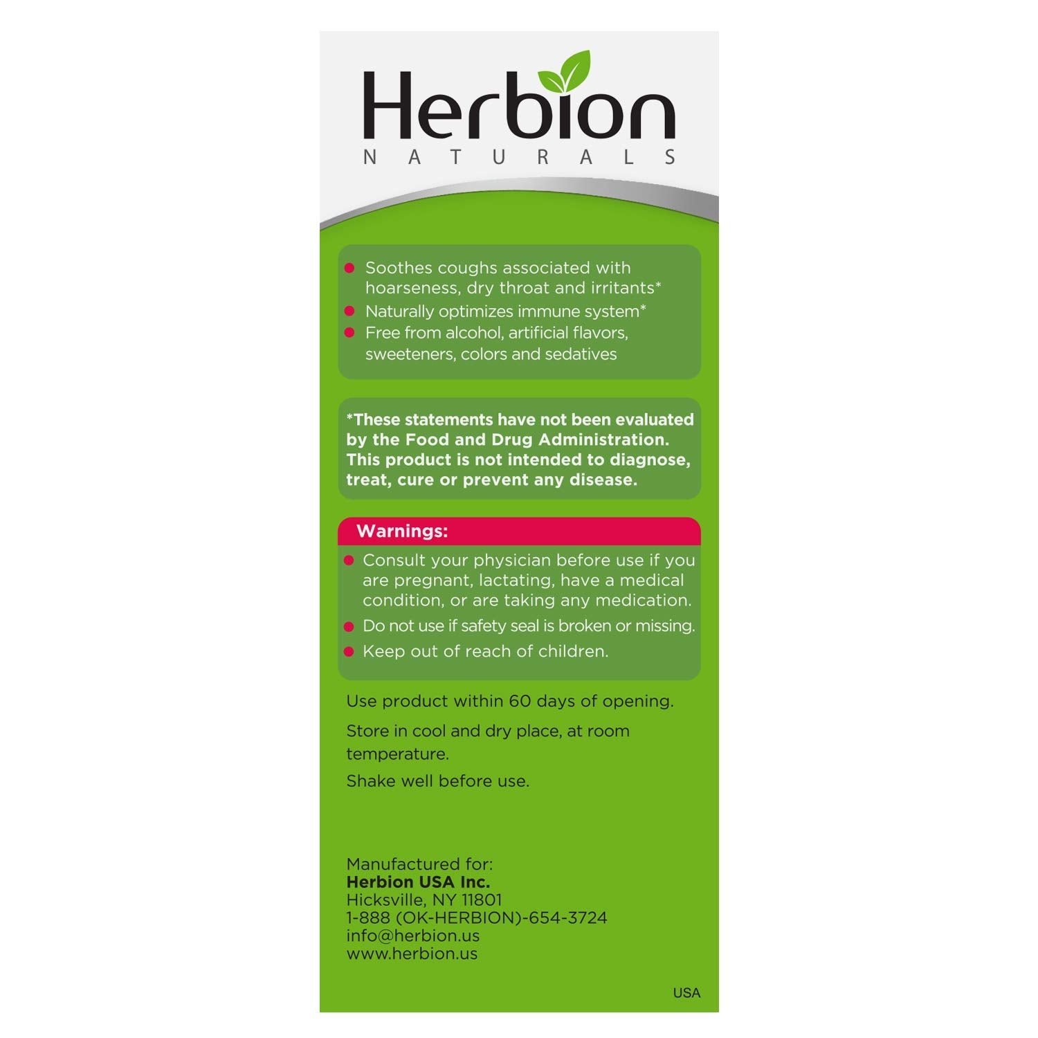 Etiqueta de HERBION Naturals destacando ingredientes herbales para niños.