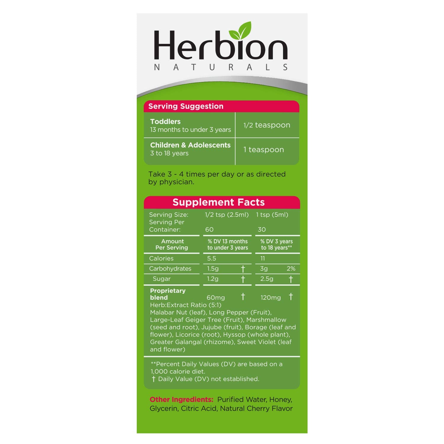 Jarabe de cereza para niños de HERBION Naturals, con miel, sabor popular.