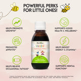 Herbion Naturals Vitalidad Niños etiqueta, frasco colorido que inspira confianza