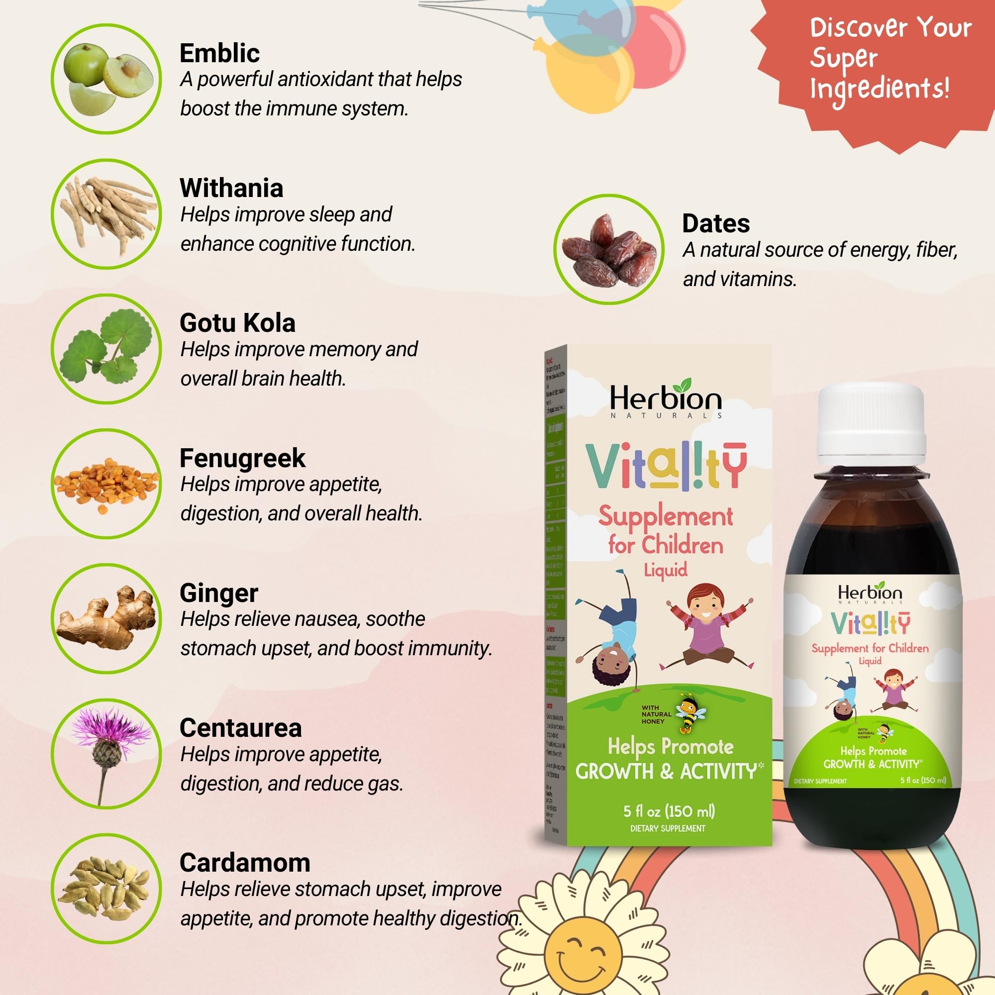 Herbion Naturals Vitalidad Niños vertido suave, sabor agradable para la merienda