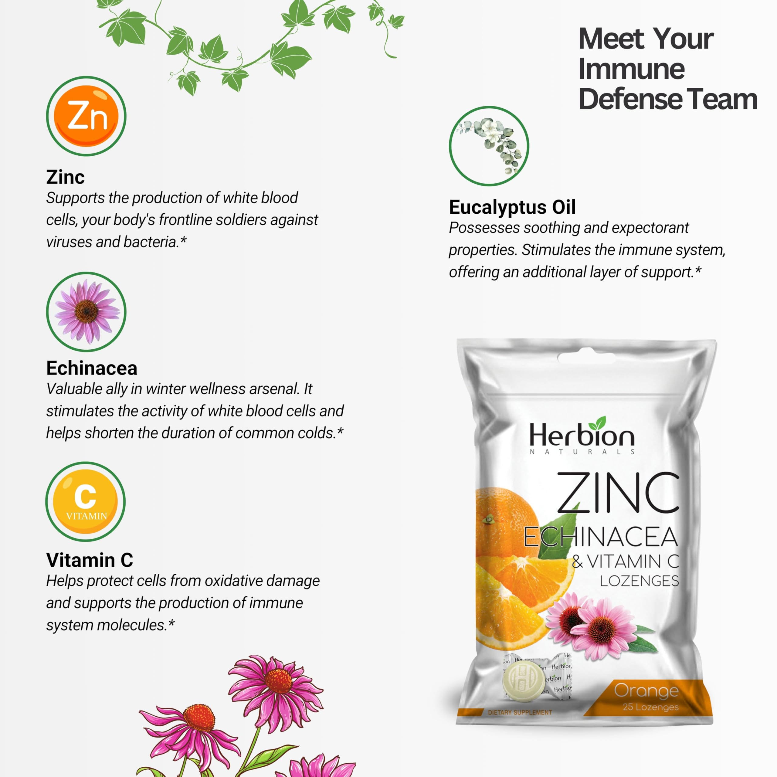 HERBION Naturals, zinc, echinacea y vitamina C, ingredientes clave para nutrición diaria.