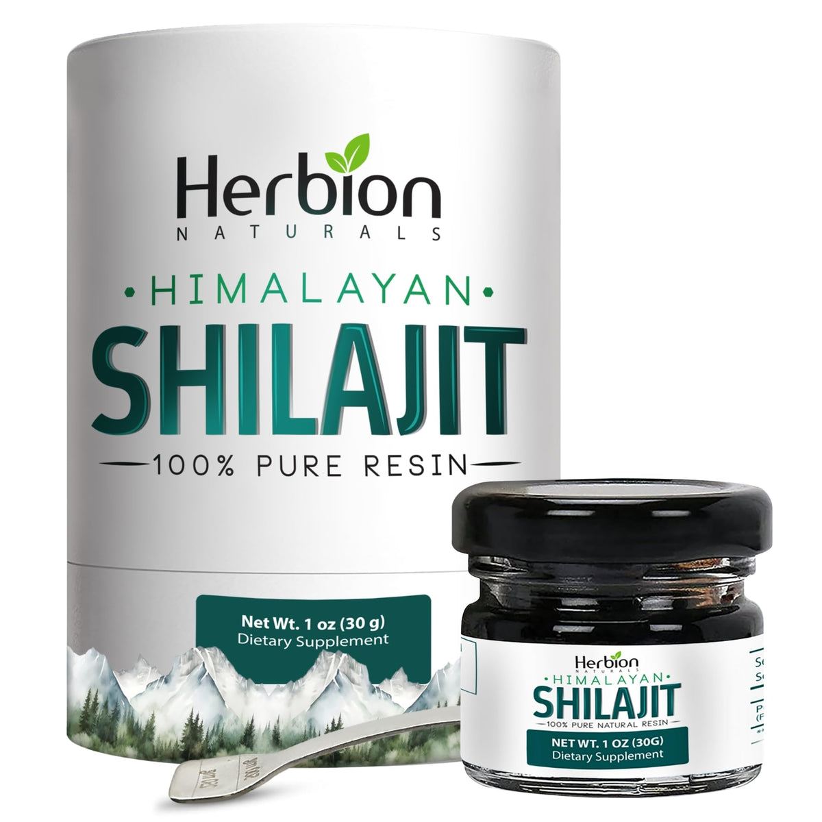 HERBION Shilajit Resina Himalaya: bote de vidrio con cuchara, dosis para energía diaria.