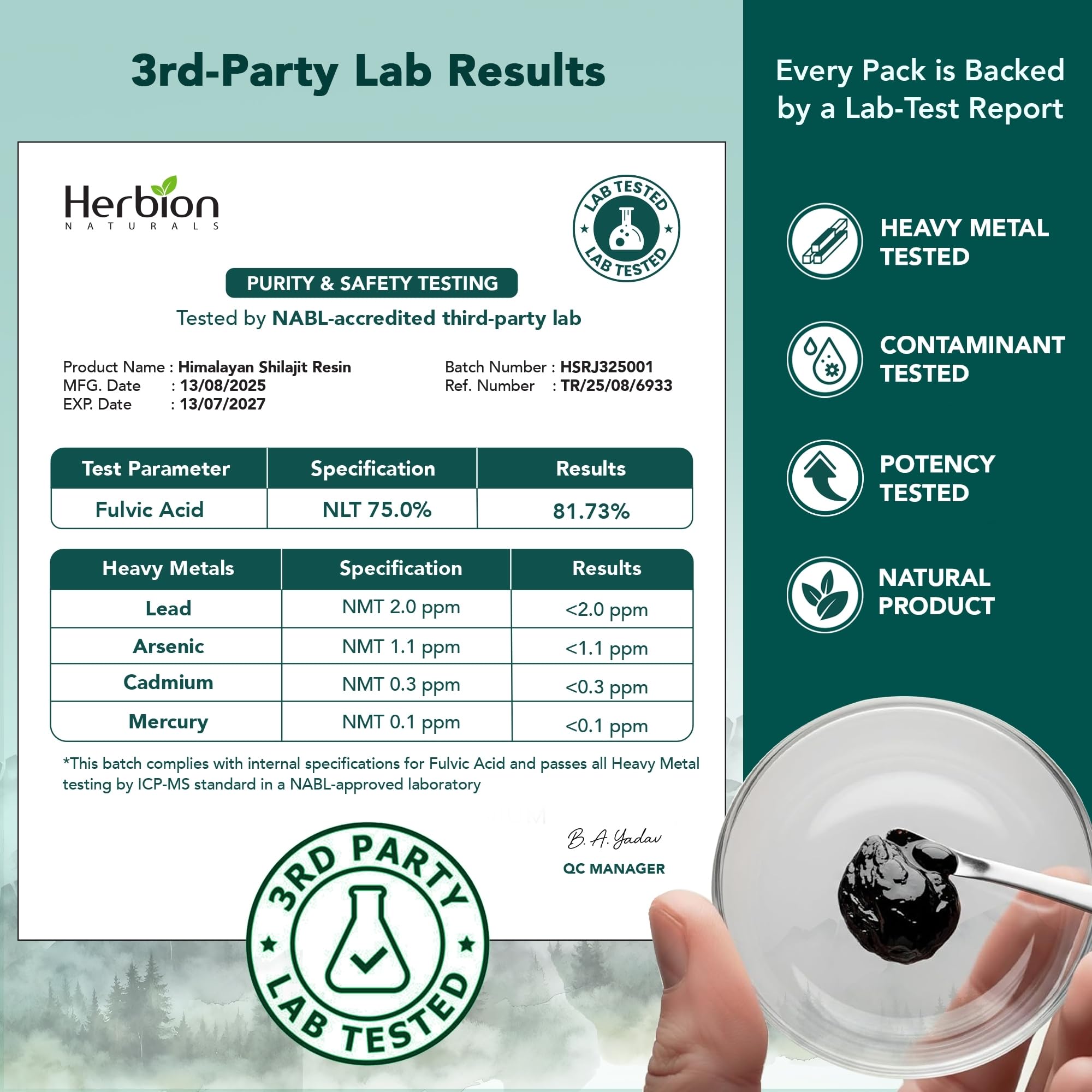 HERBION Shilajit Resina Himalaya: etiqueta con certificaciones visibles y garantía de calidad.