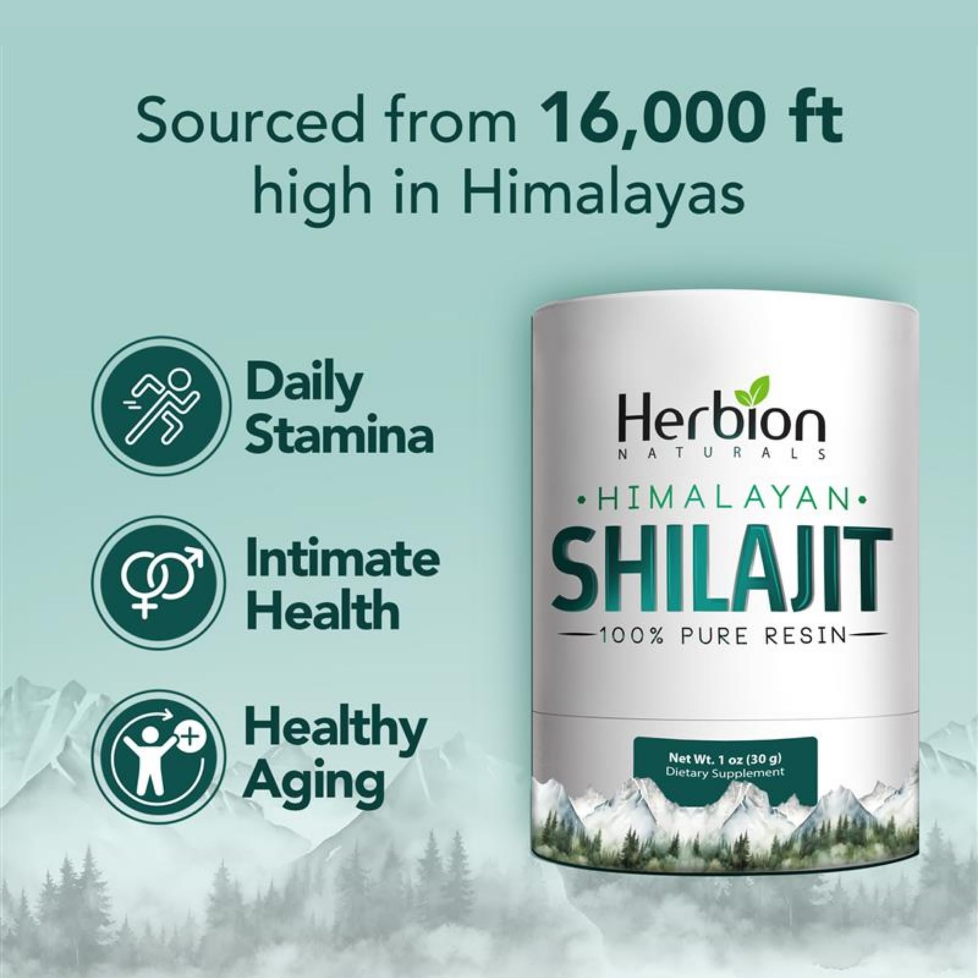 HERBION Shilajit Resina Himalaya: textura oscura para energía y claridad mental.