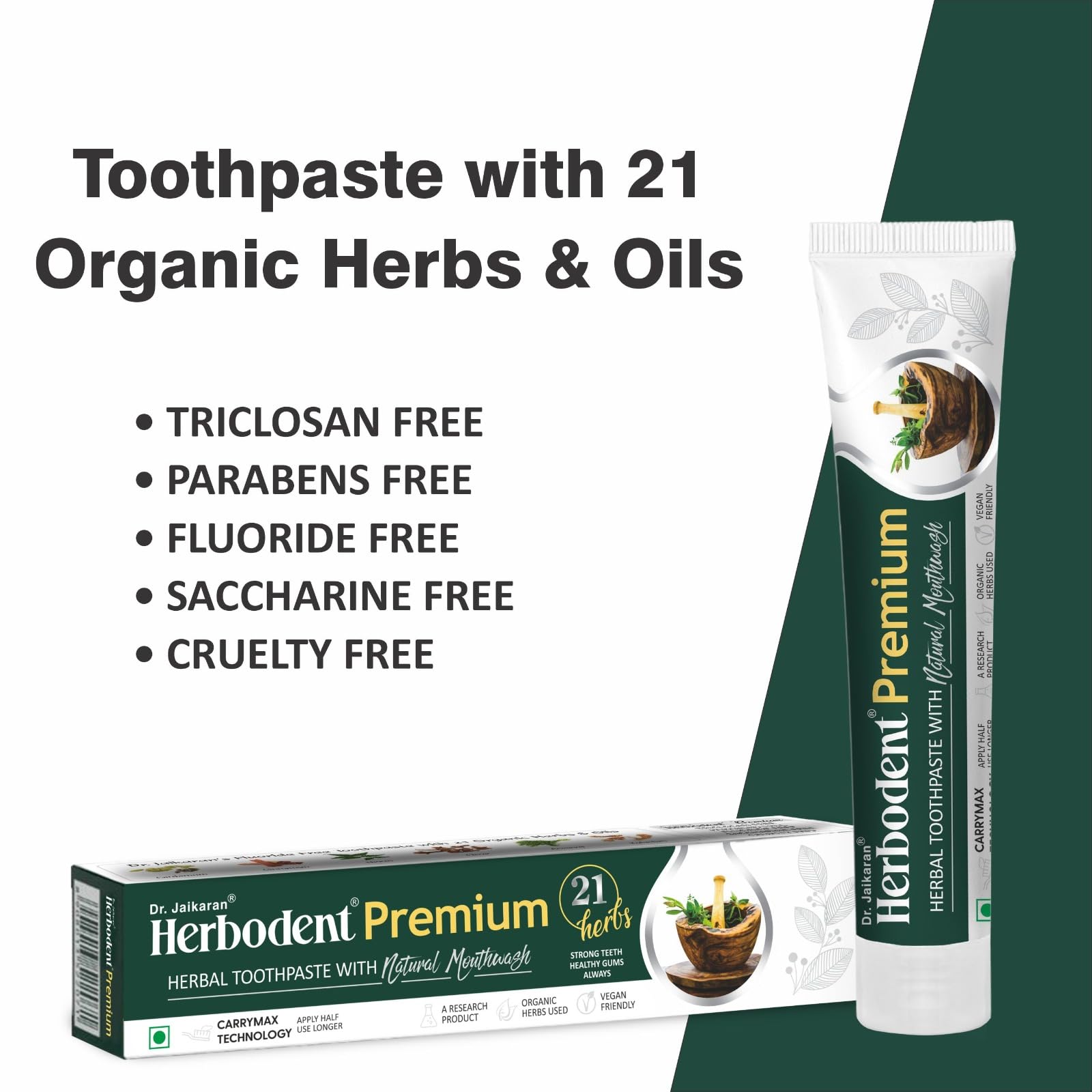 Herbodent-21-hierbas muestra mezcla herbal para limpieza bucal refrescante.
