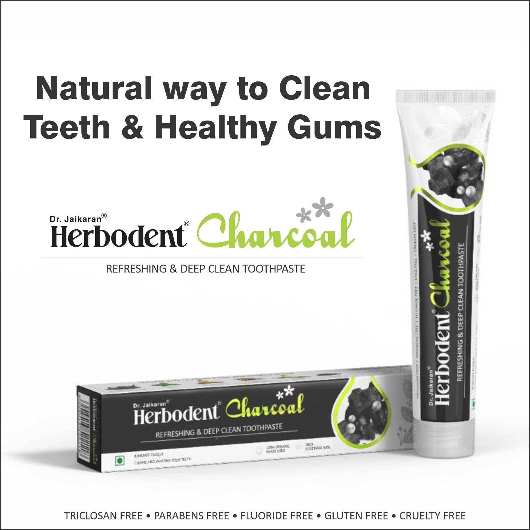 Envase natural de Herbodent, seguro para esmalte y planeta.