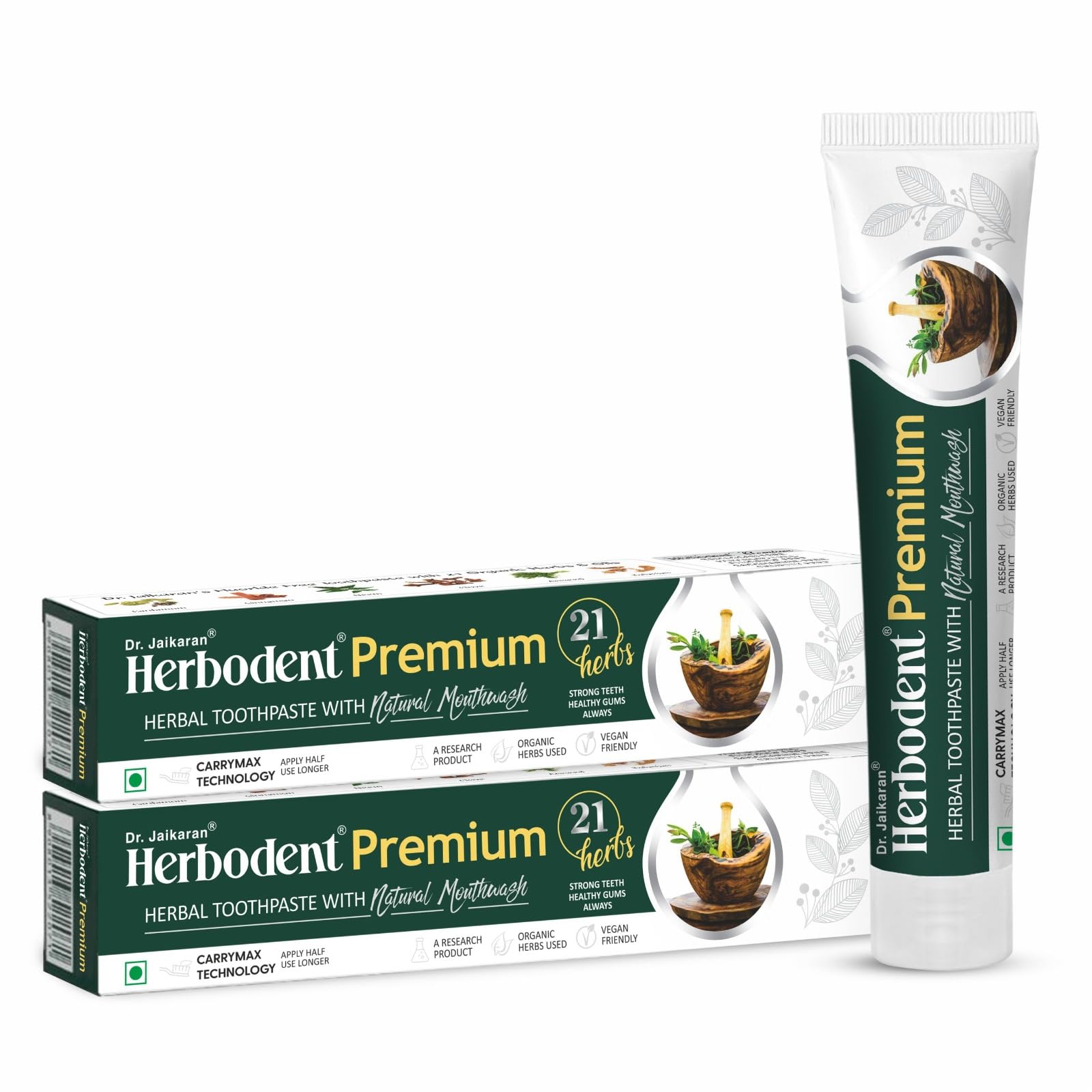 Herbodent Premium en caja, pasta dental natural para dientes más fuertes.