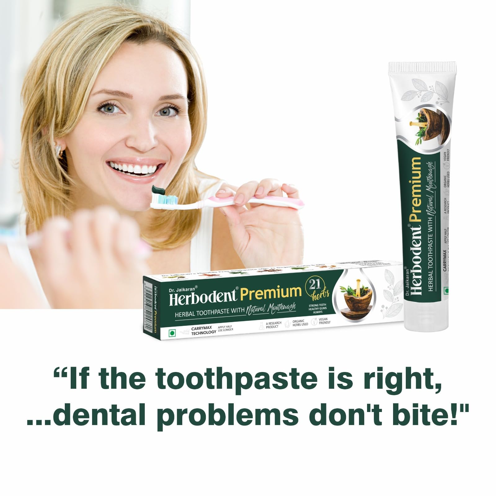 Uso diario con Herbodent Premium, encías sanas y sonrisa fresca.