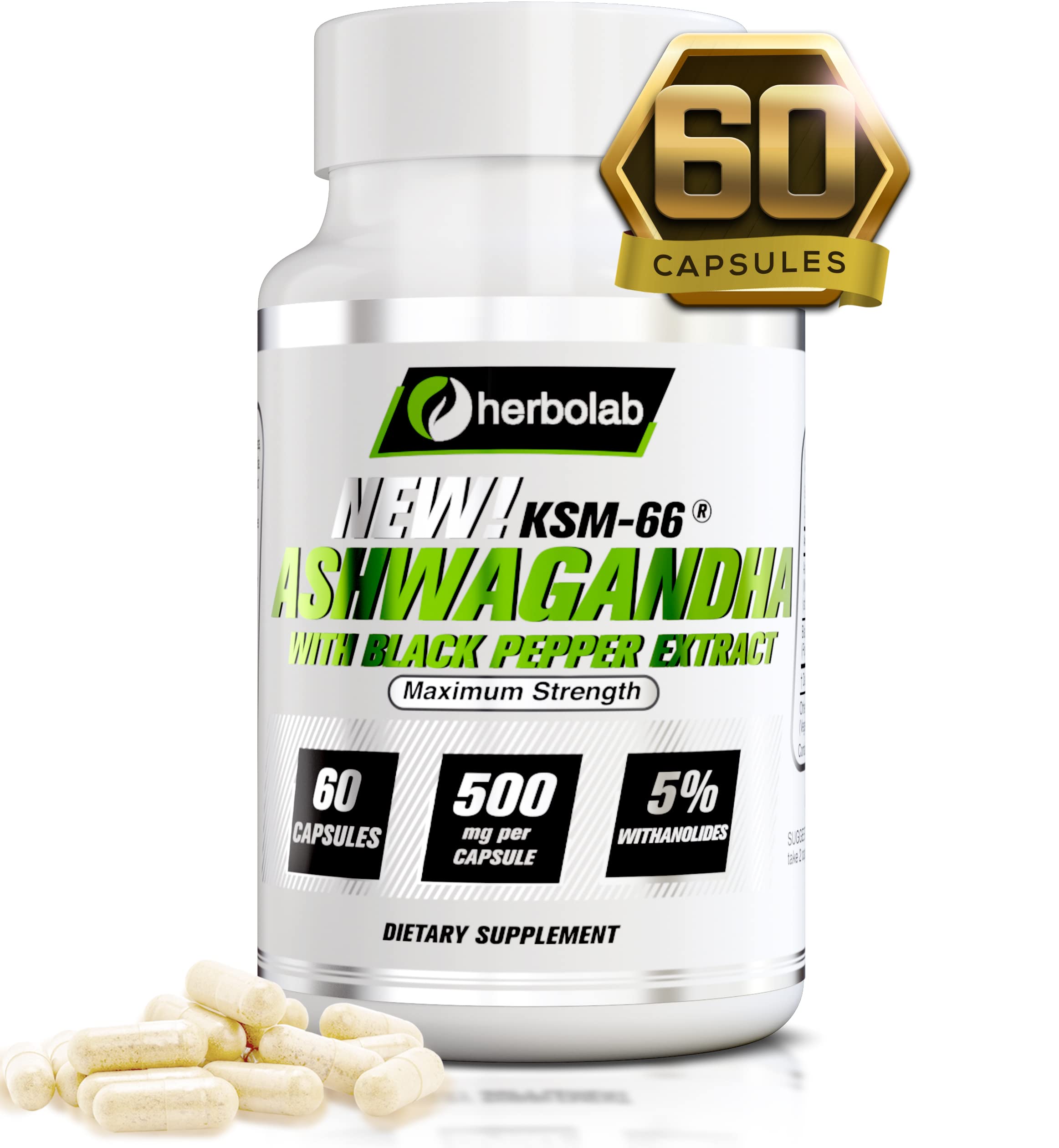 Herbolab Ashwagandha KSM-66 en botella para rutina diaria.