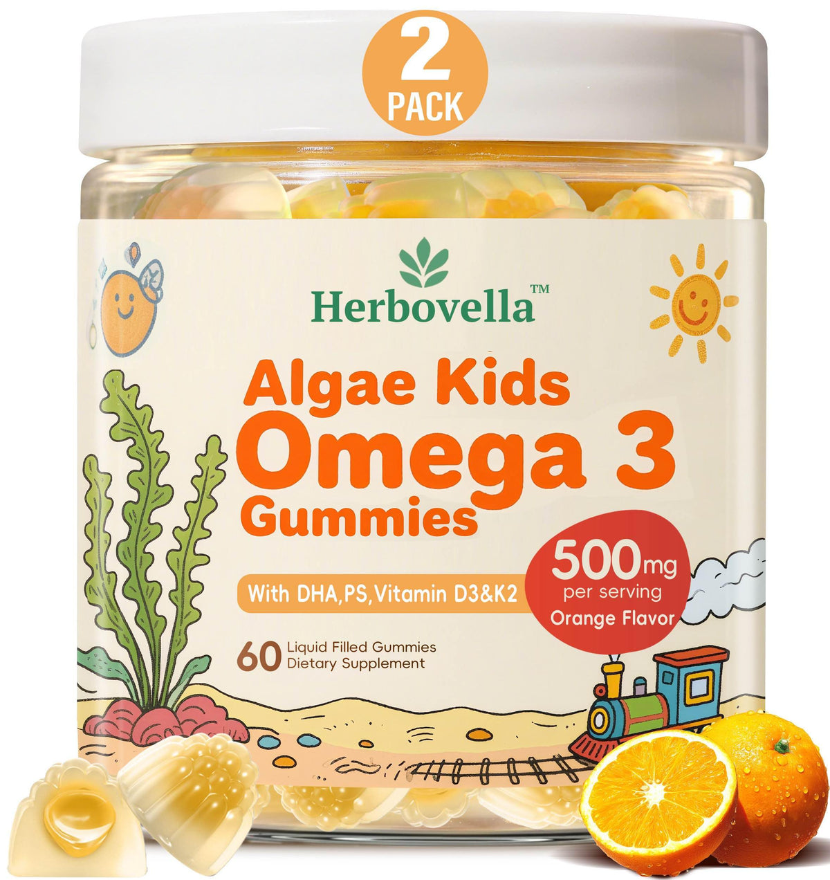 Gomitas Herbovella omega-3 para niños, frente del envase doble, apoyo diario para la atención.
