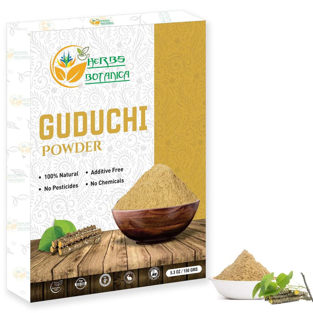 Envase de vidrio con Guduchi en polvo de Herbs Botanica para uso diario.