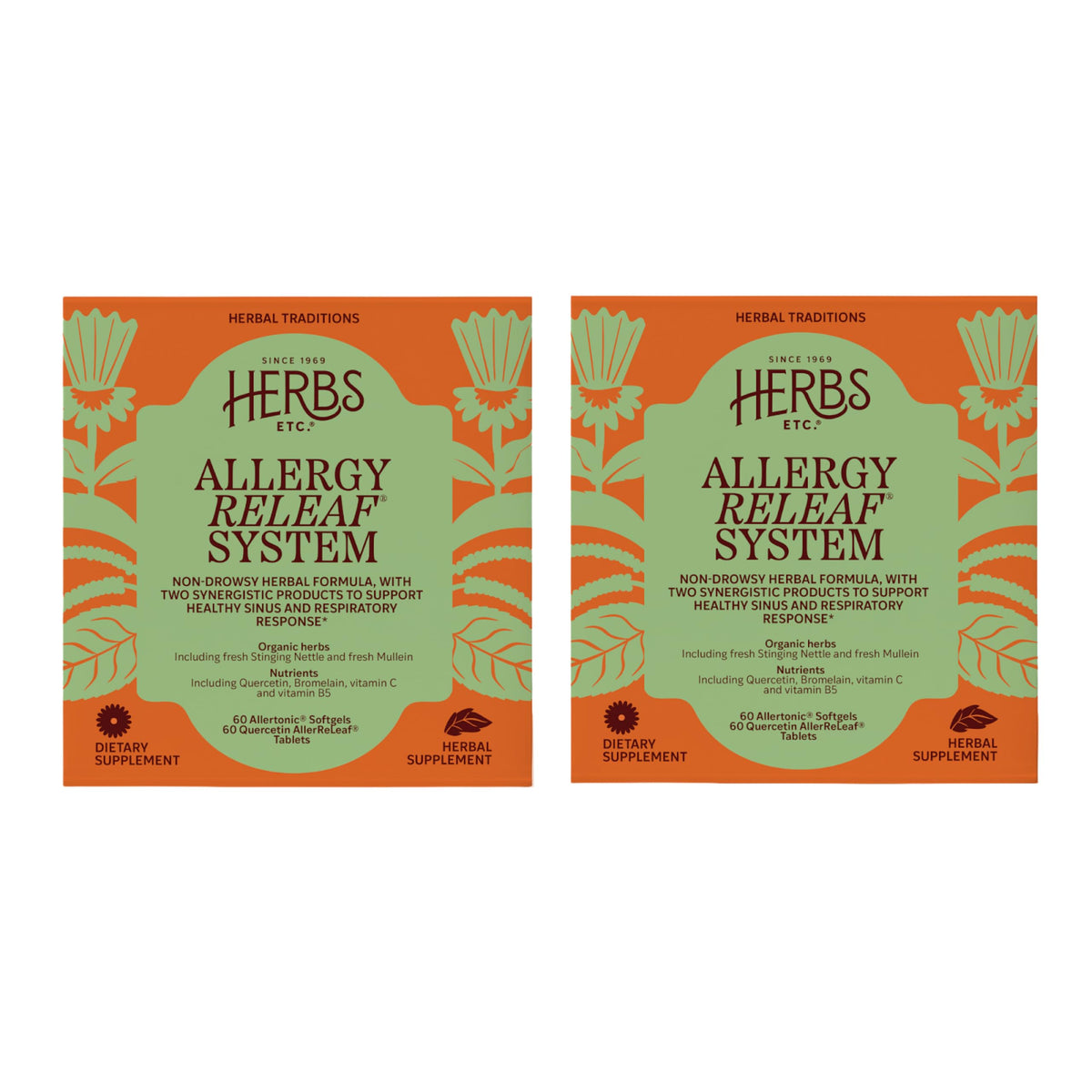 Herbs Etc. Allergy ReLeaf: botella con cápsulas, posible alivio de molestias estacionales.