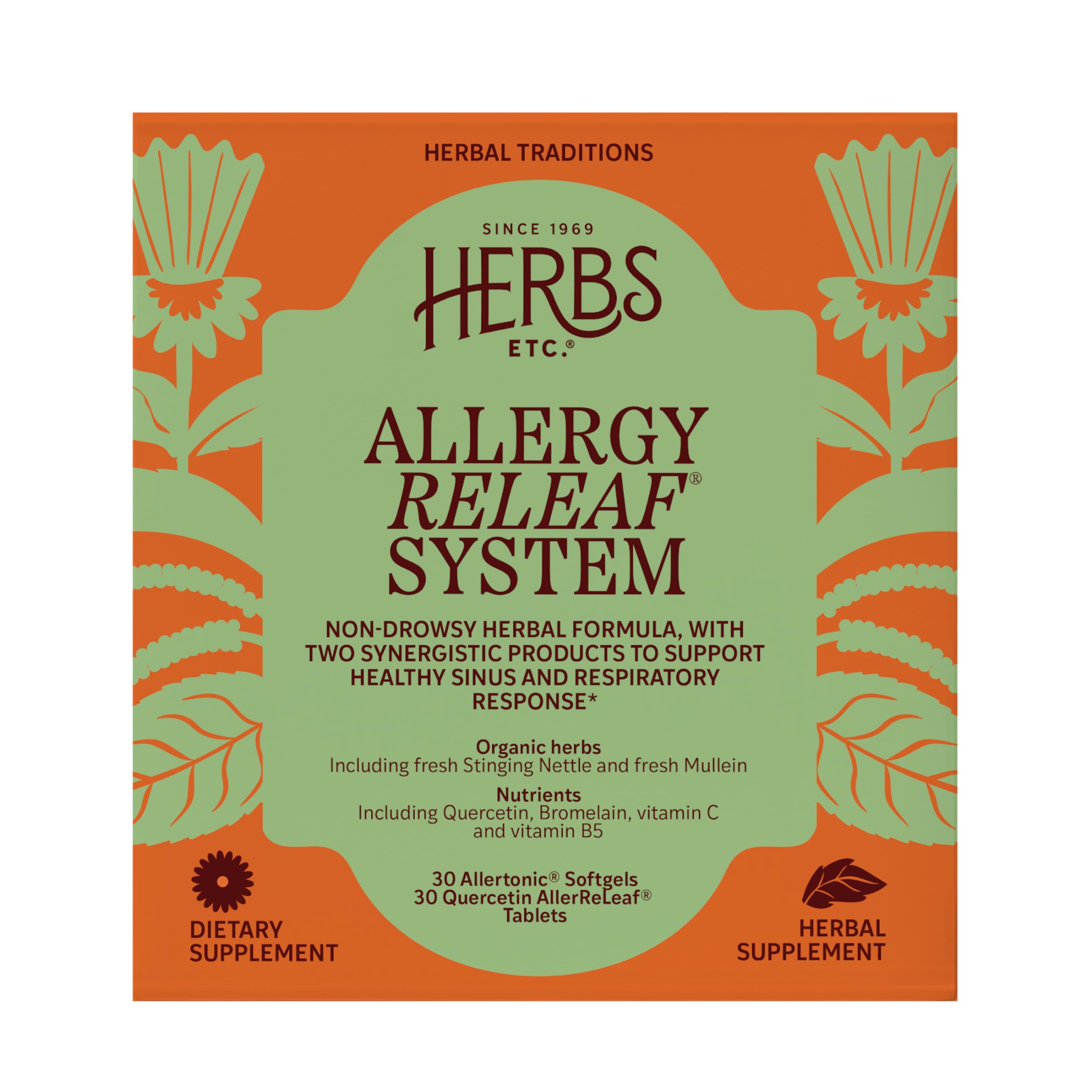 Herbs Etc. Allergy ReLeaf System, botella de cápsulas suaves frente, apoyo estacional.