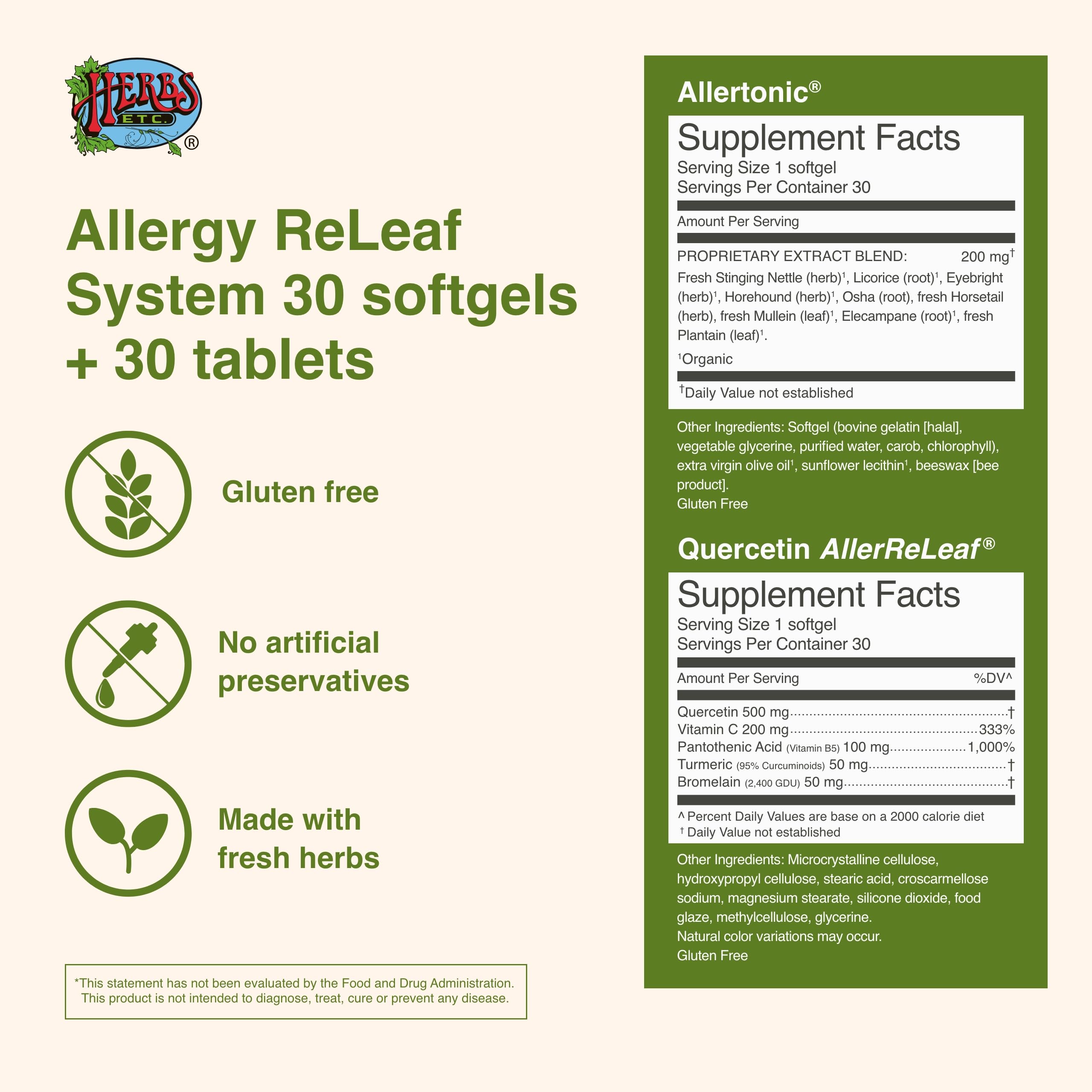 Herbs Etc. Allergy ReLeaf System etiqueta de ingredientes clave y opciones sin gluten.