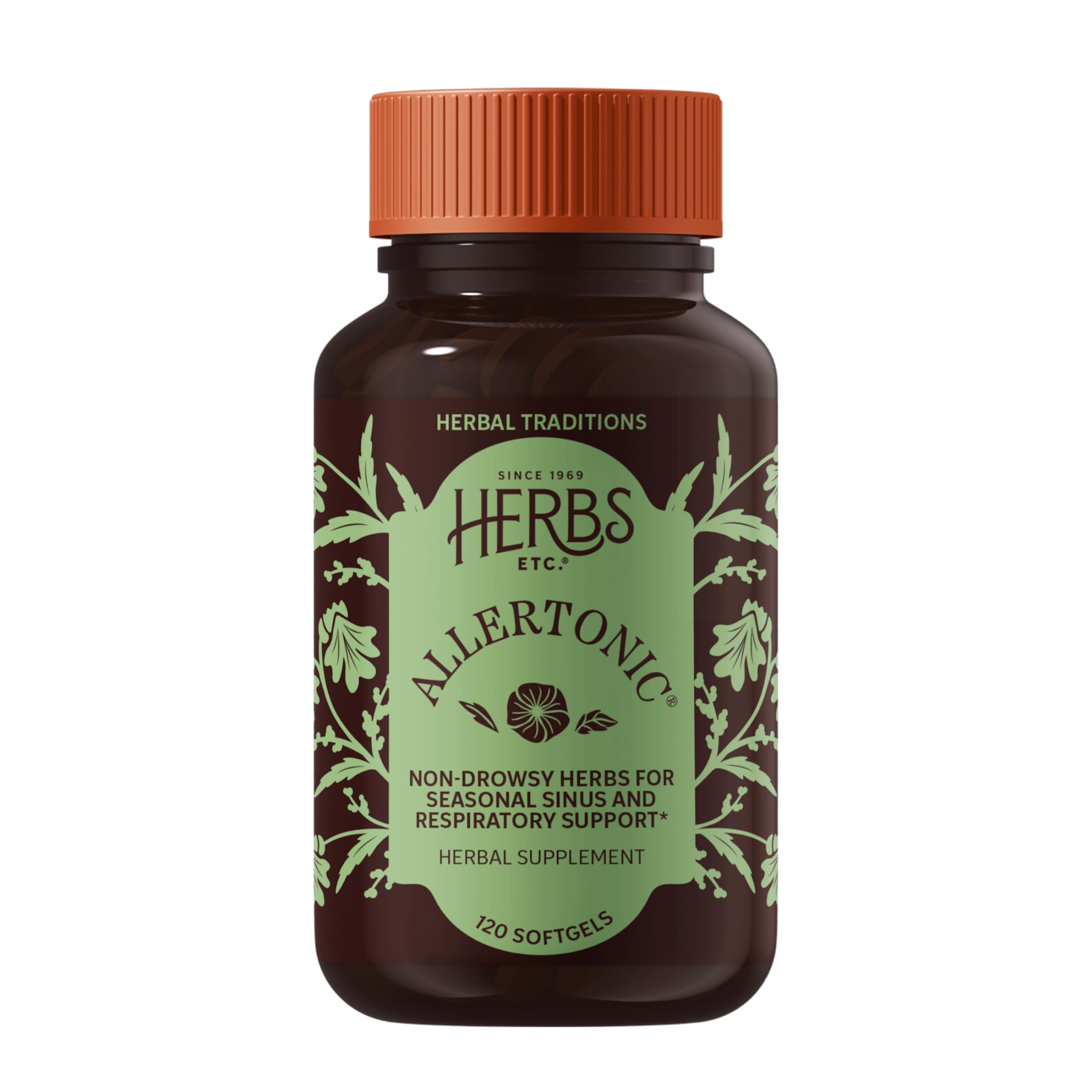 Herbs Etc. Allertonic, botella de cápsulas para apoyo respiratorio diario.