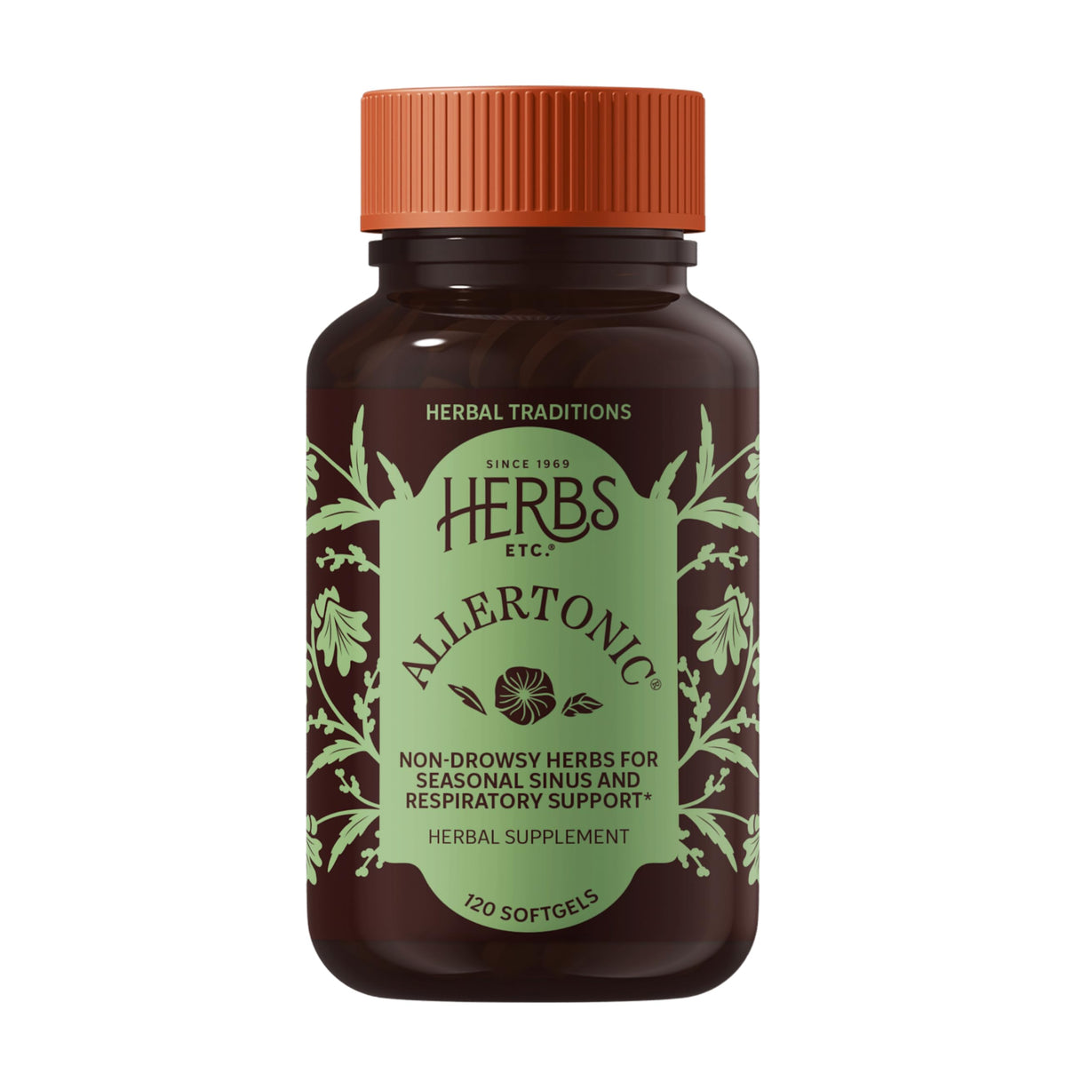 Herbs Etc. Allertonic, botella de cápsulas para apoyo respiratorio diario.