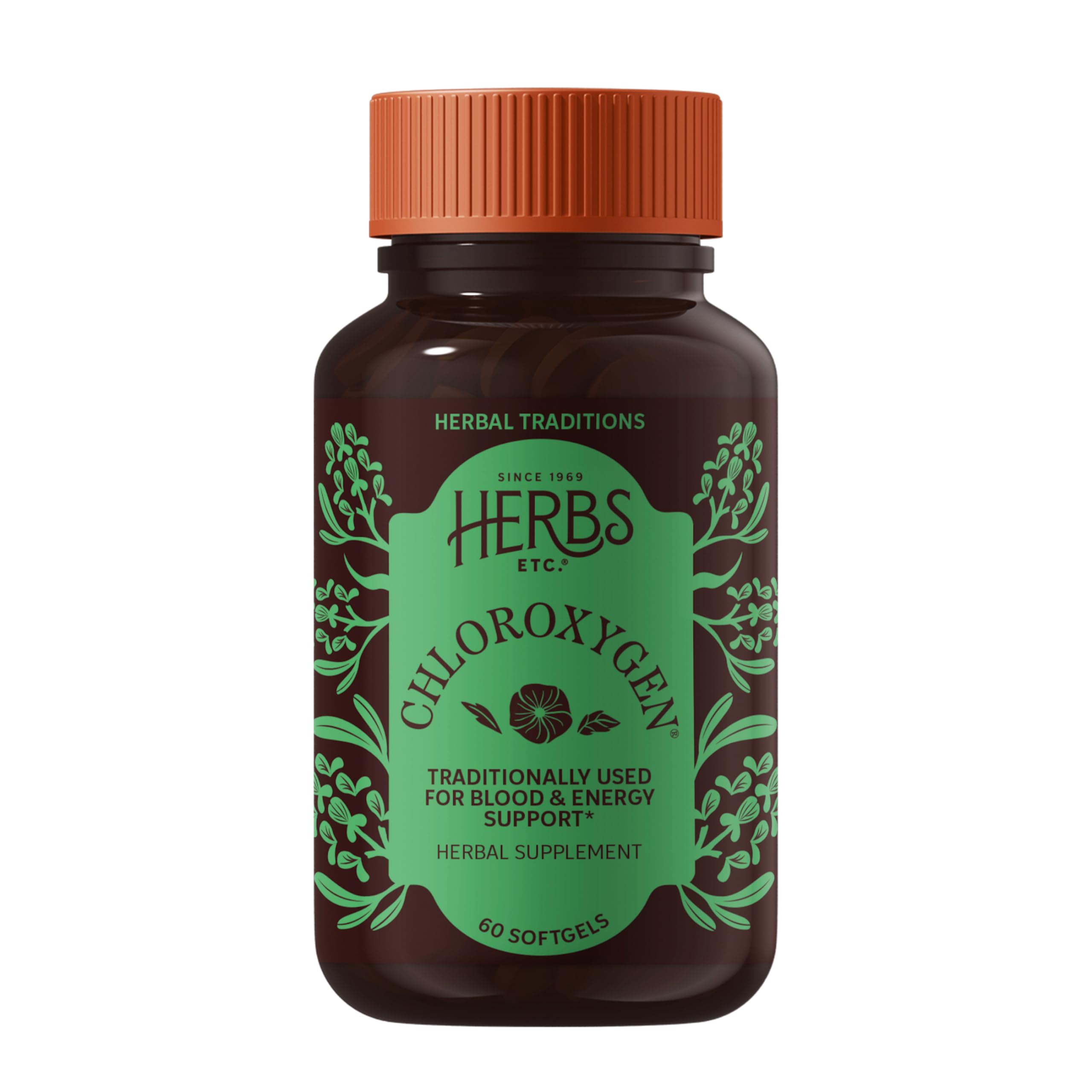 Herbs Etc. ChlorOxygen: botella frontal de softgels para energía diaria.