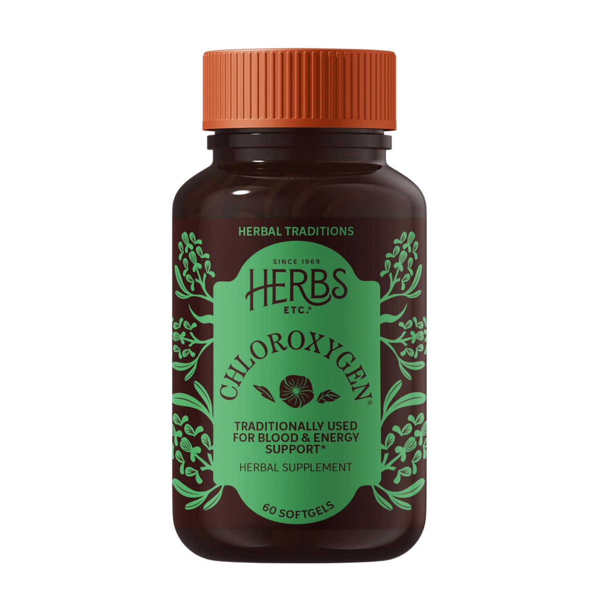 Herbs Etc. ChlorOxygen: botella frontal de softgels para energía diaria.