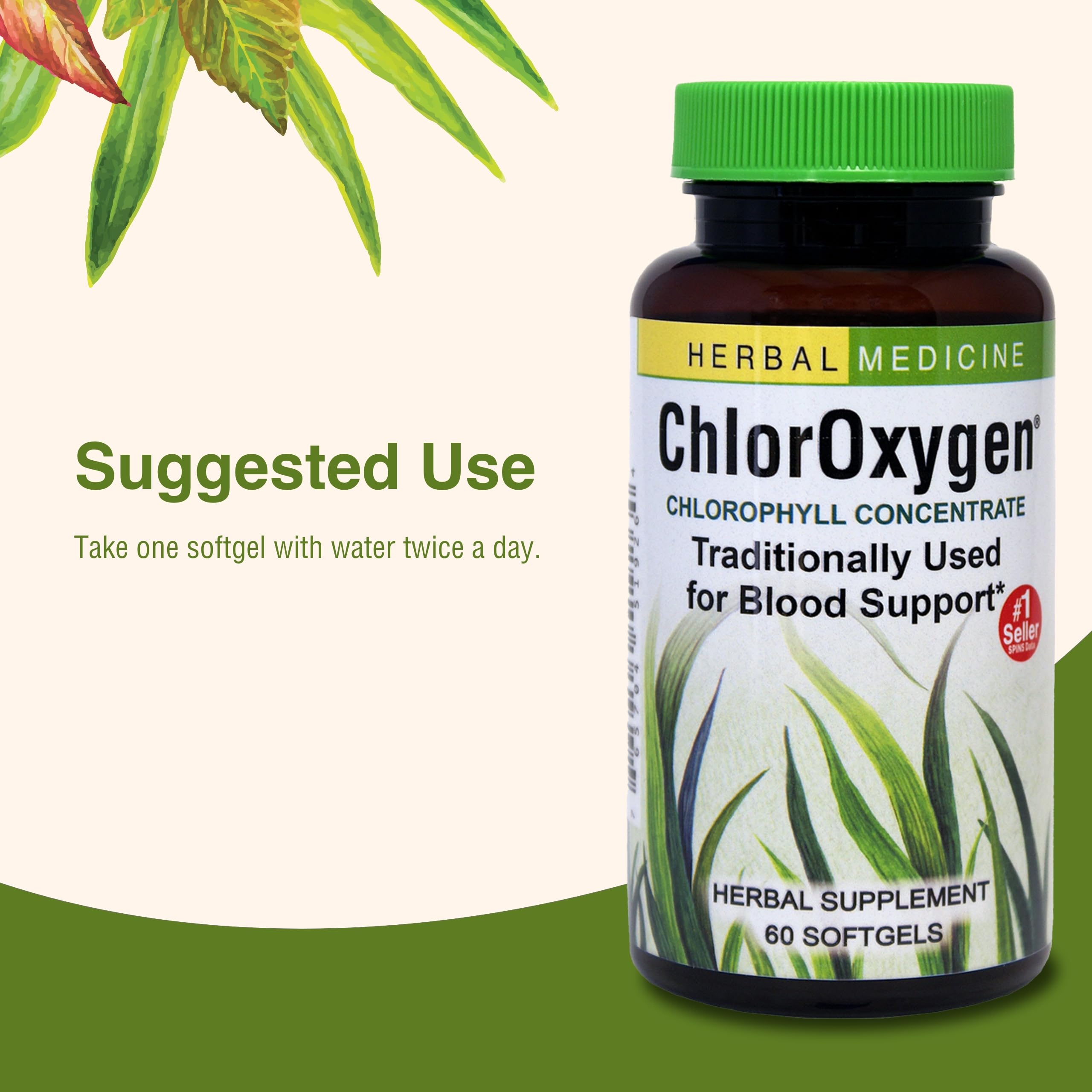 Etiqueta de ChlorOxygen indica 60 softgels y 60 porciones.