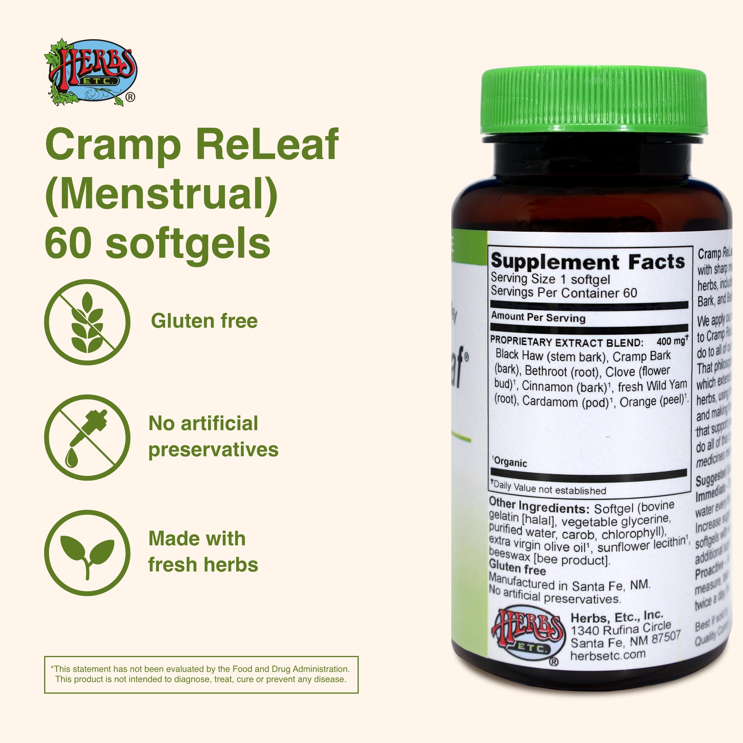 Etiqueta de Cramp ReLeaf, detalle de la formulación herbal