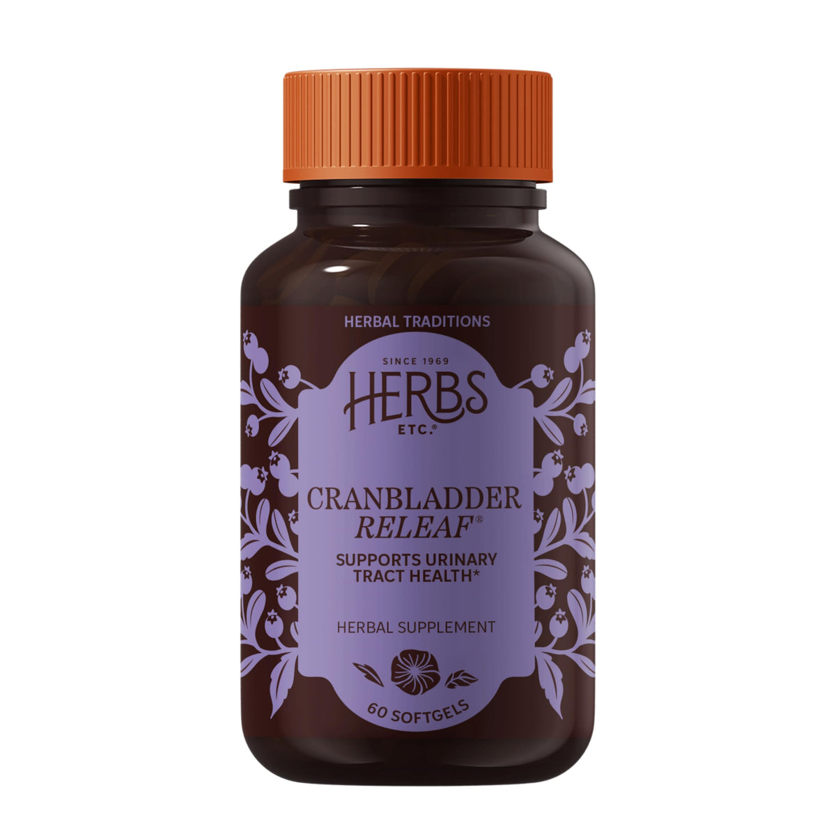 Herbs Etc. CranBladder ReLeaf: frasco frontal para apoyo urinario natural.