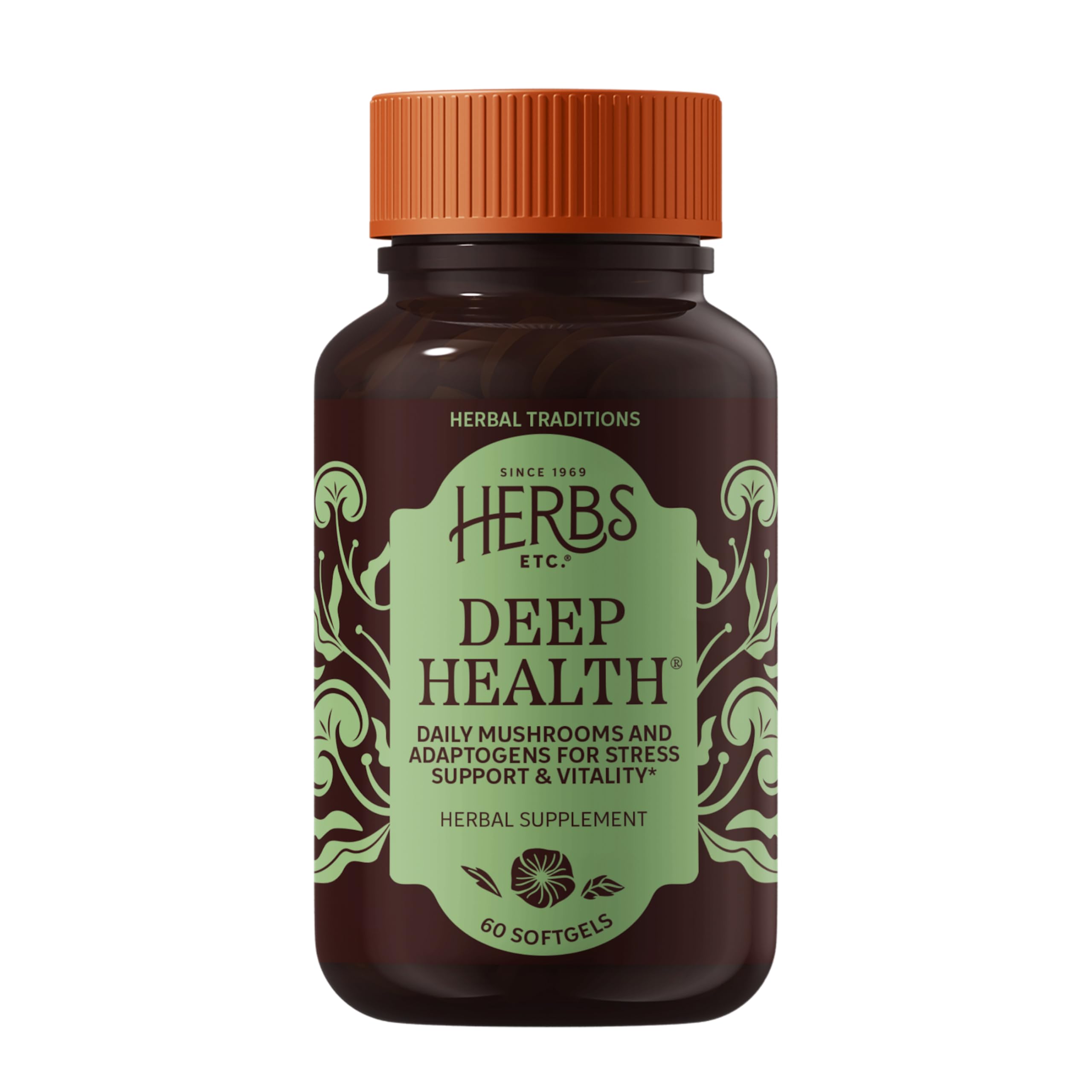 Herbs Etc. Deep Health, botella de cápsulas suaves para apoyo de energía diaria.