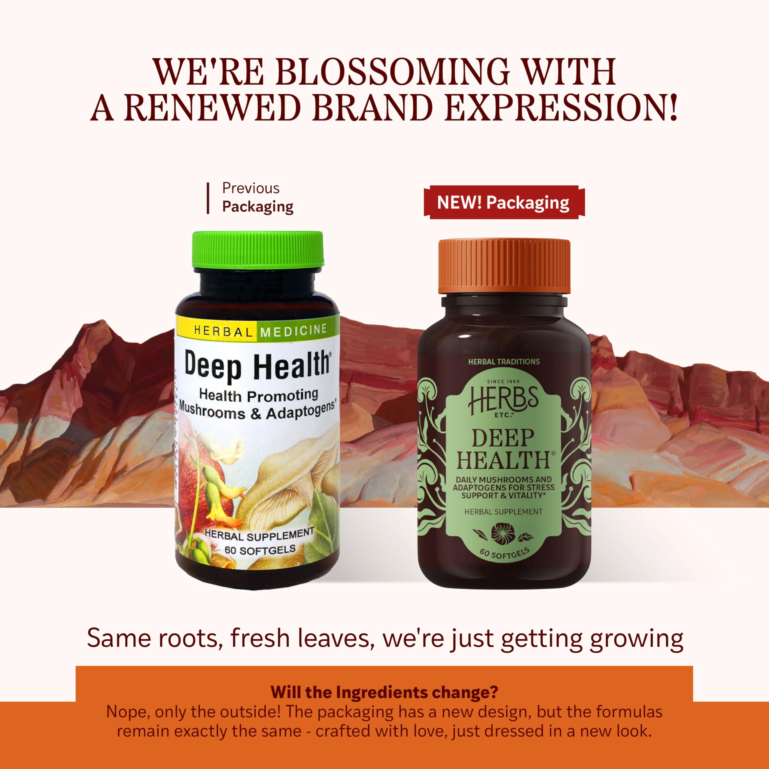Herbs Etc. Deep Health, etiqueta frontal clara para confirmar ingredientes naturales.