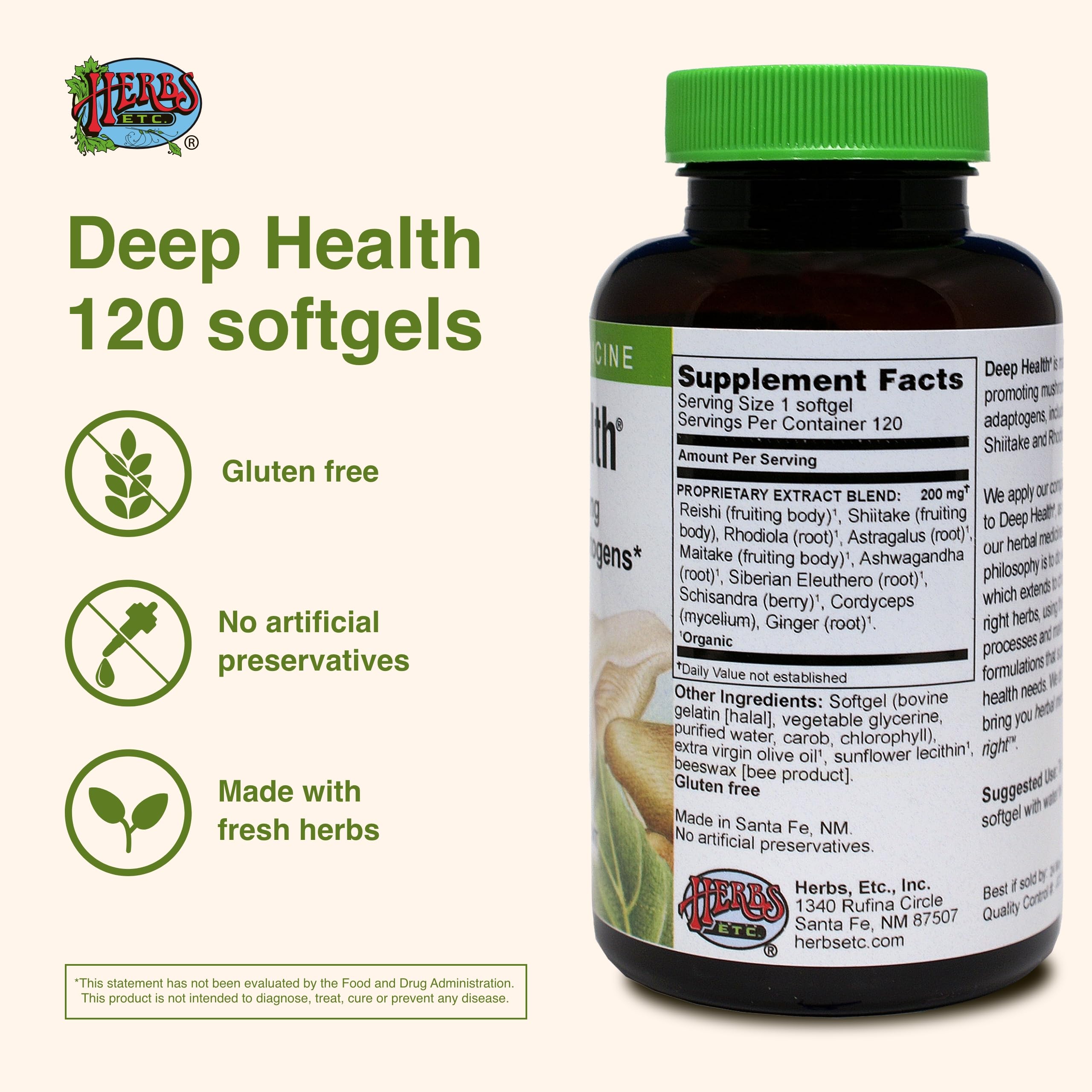 Etiqueta del producto Herbs Etc. Deep Health en envase limpio