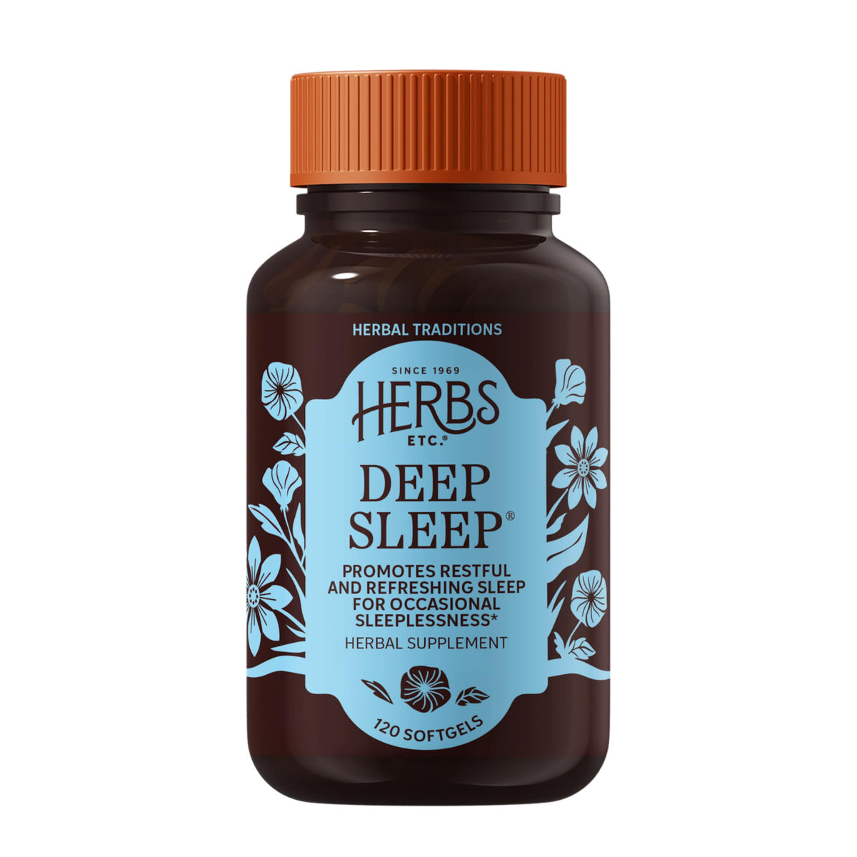 Herbs Etc. Deep Sleep Softgels, botella: apoyo suave para un descanso nocturno.