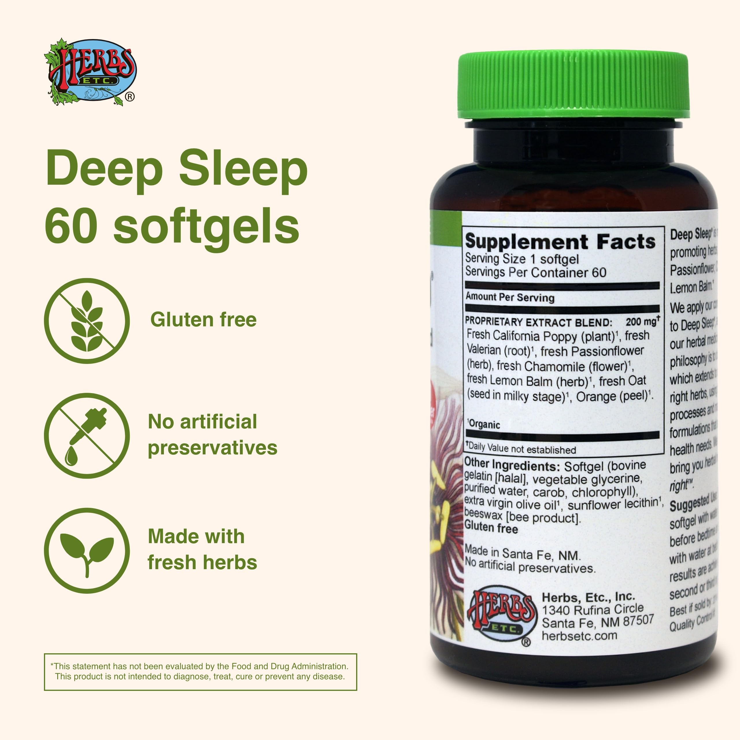 Herbs Etc. Deep Sleep Softgels, cápsulas cerca, muestra textura suave para consumir antes de dormir