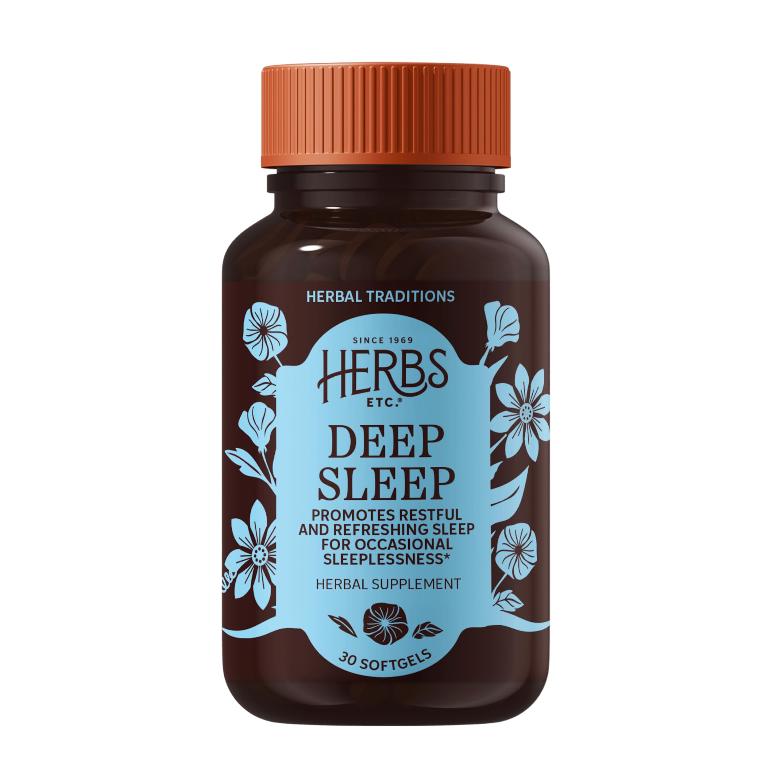 Herbs, Etc. botella de cápsulas blandas para descanso profundo durante la noche.