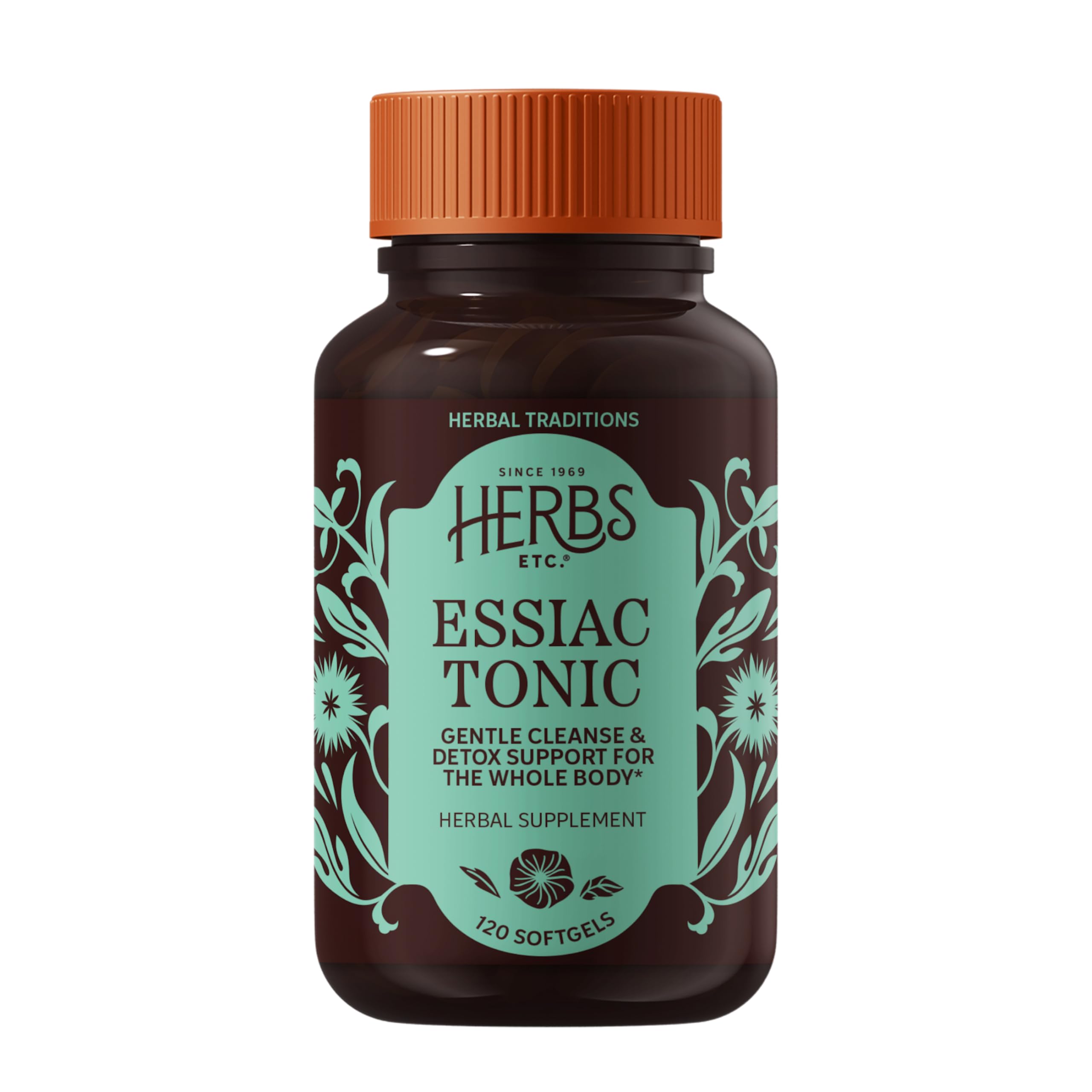 Herbs Etc. Essiac Tónico, frasco de cápsulas suaves para rutina diaria.