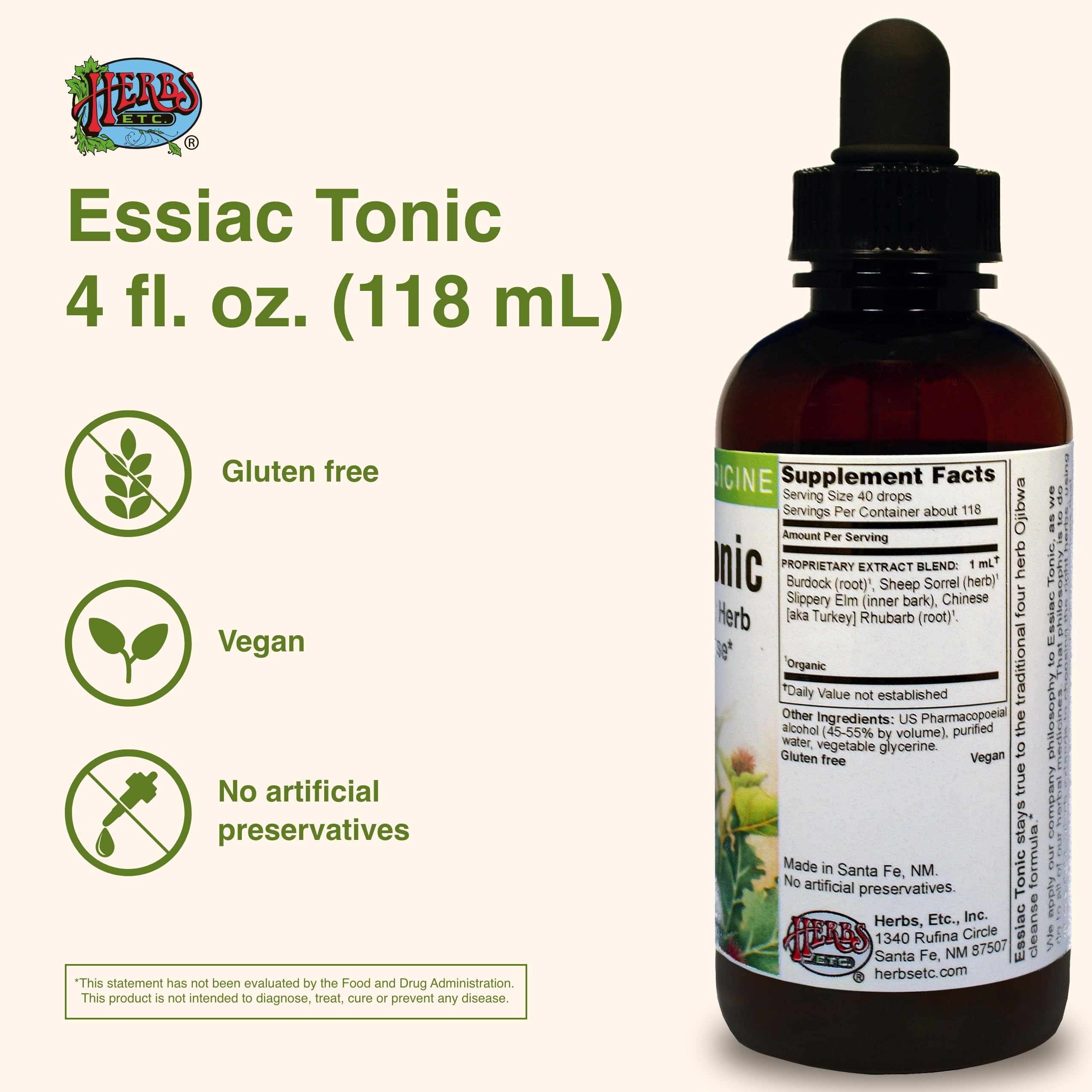 Herbs Etc. Essiac Tonic: etiqueta clara con la fórmula Ojibwa.