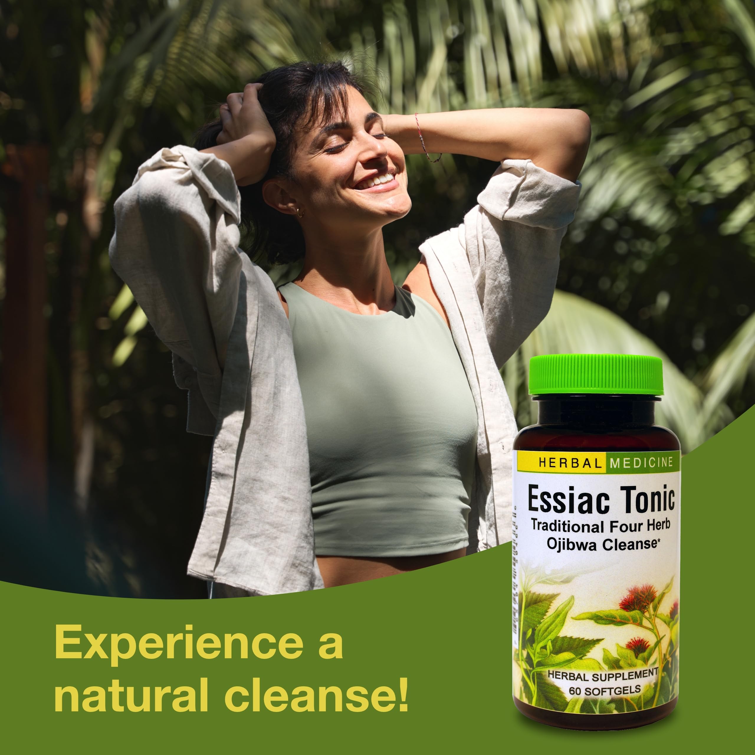 Frasco de Essiac Tonic en entorno natural para uso diario