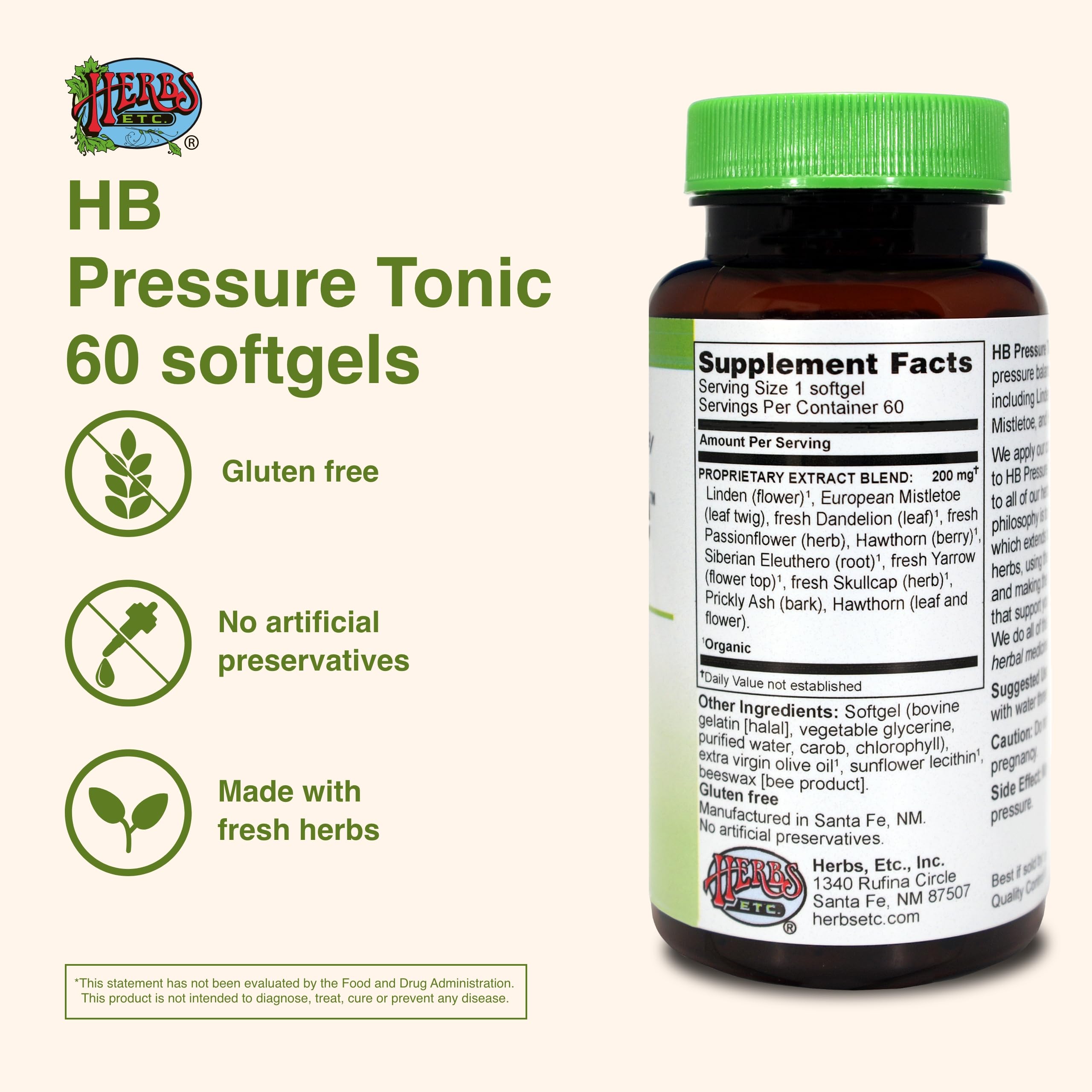 Herbs Etc. HB Pressure Tonic, cápsulas suaves en la mano para consumo cómodo.