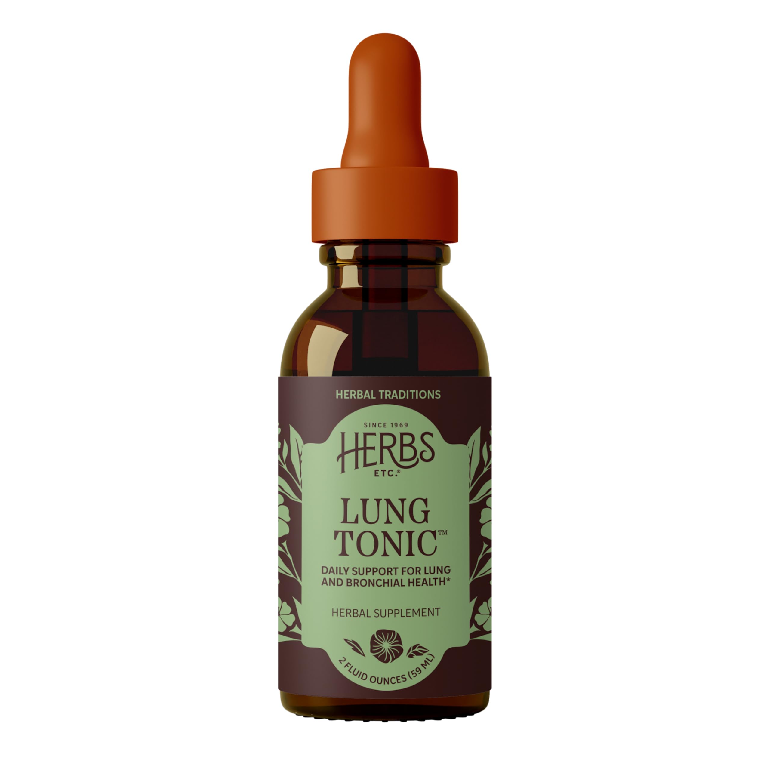 Herbs, Etc. Lung Tonic: botella inclinada para verter, posible apoyo a la función pulmonar.
