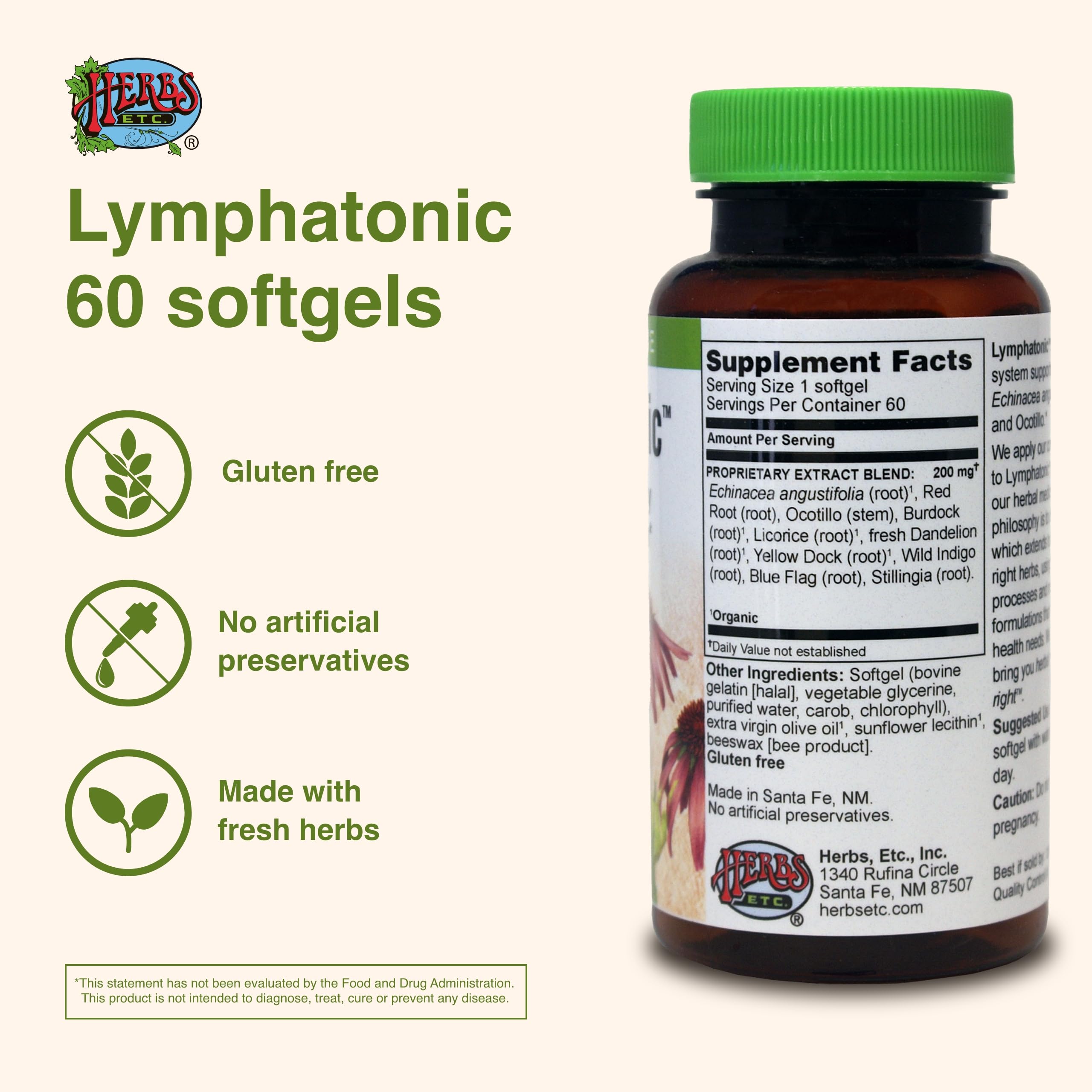 Herbs Etc. Lymphatonic capsula blanda en mano mostrando tamaño