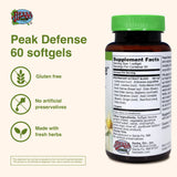 Herbs Etc. Peak Defense, etiqueta de botella que destaca ingredientes naturales