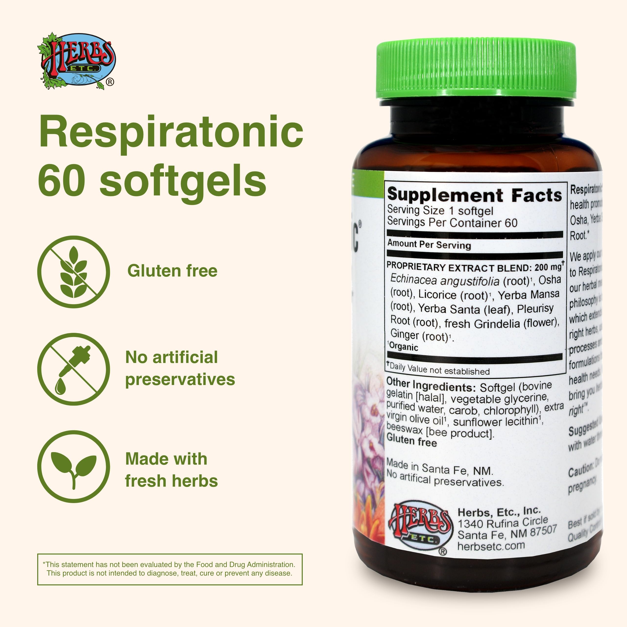 Herbs Etc. Respiratonic, cápsulas blandas primer plano, forma suave para uso diario