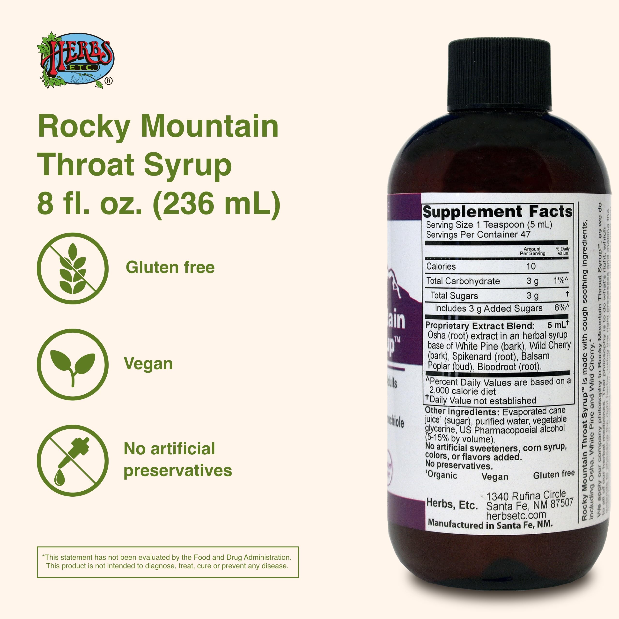 Herbs Etc. Rocky Mountain Throat Syrup, dosis clara para uso puntual