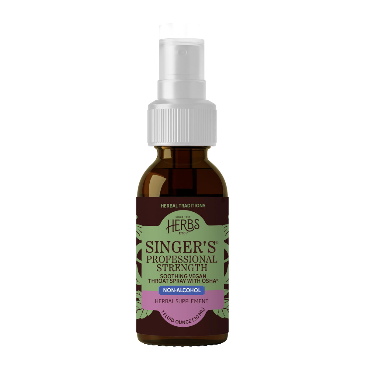 Herbs Etc. Singer's Saving Grace, primer plano de la botella para uso diario.