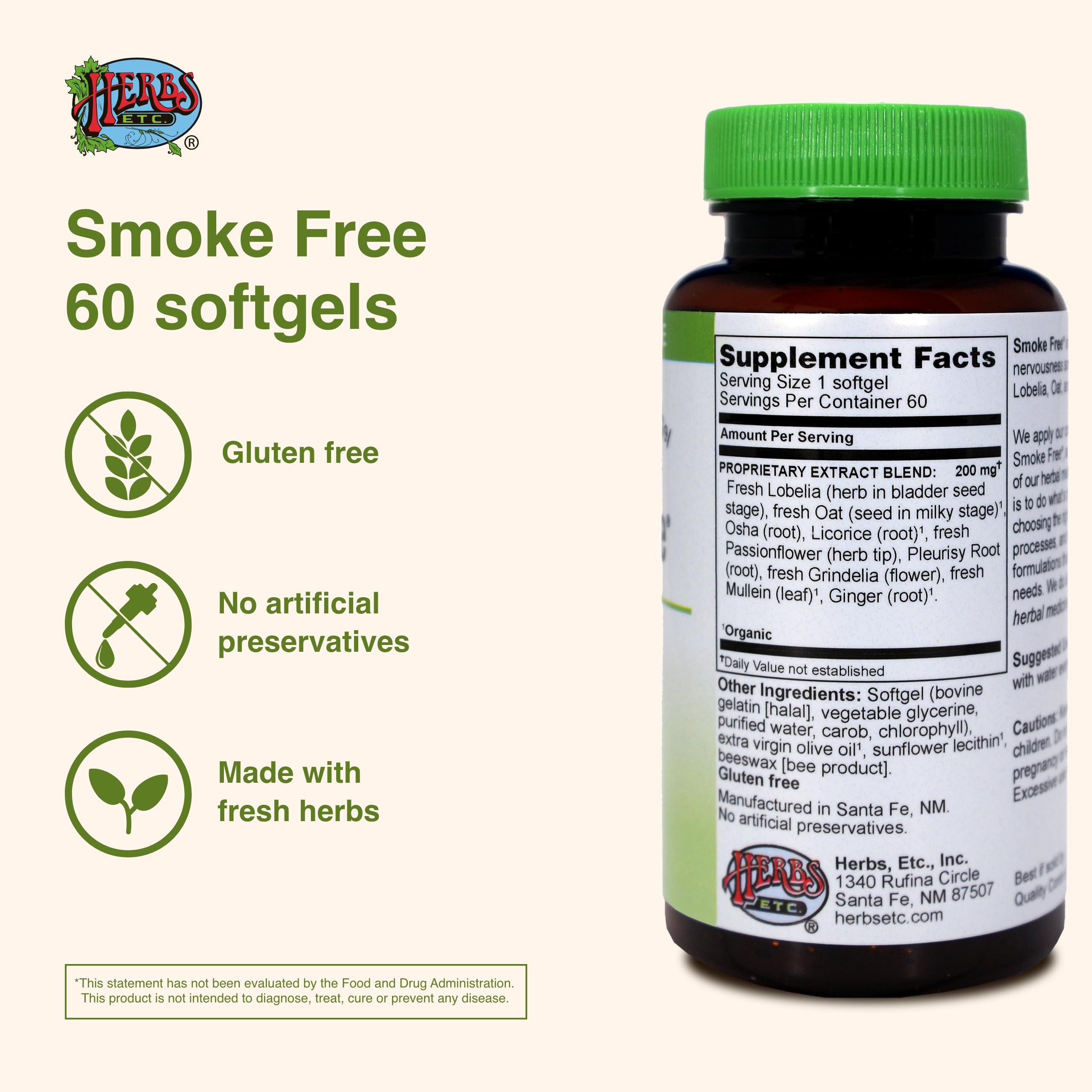 Herbs Etc. Smoke Free, botella en mesa para toma diaria con agua.